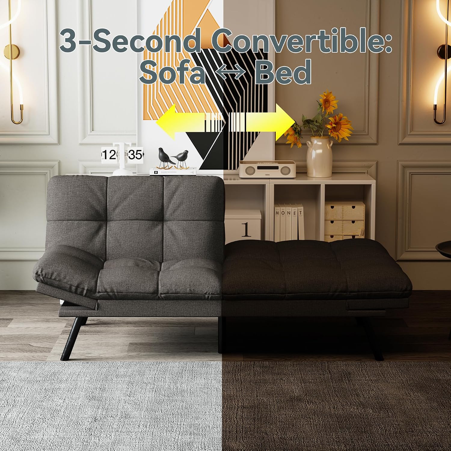 Futon Sofa Bed Convertible Couch, Grey Linen Sofa Bed with Memory Foam, Adjustable Backrest & Armrests, Multifunctional Small Loveseat Sleeper Sofa for Living Room, Apartment, Office