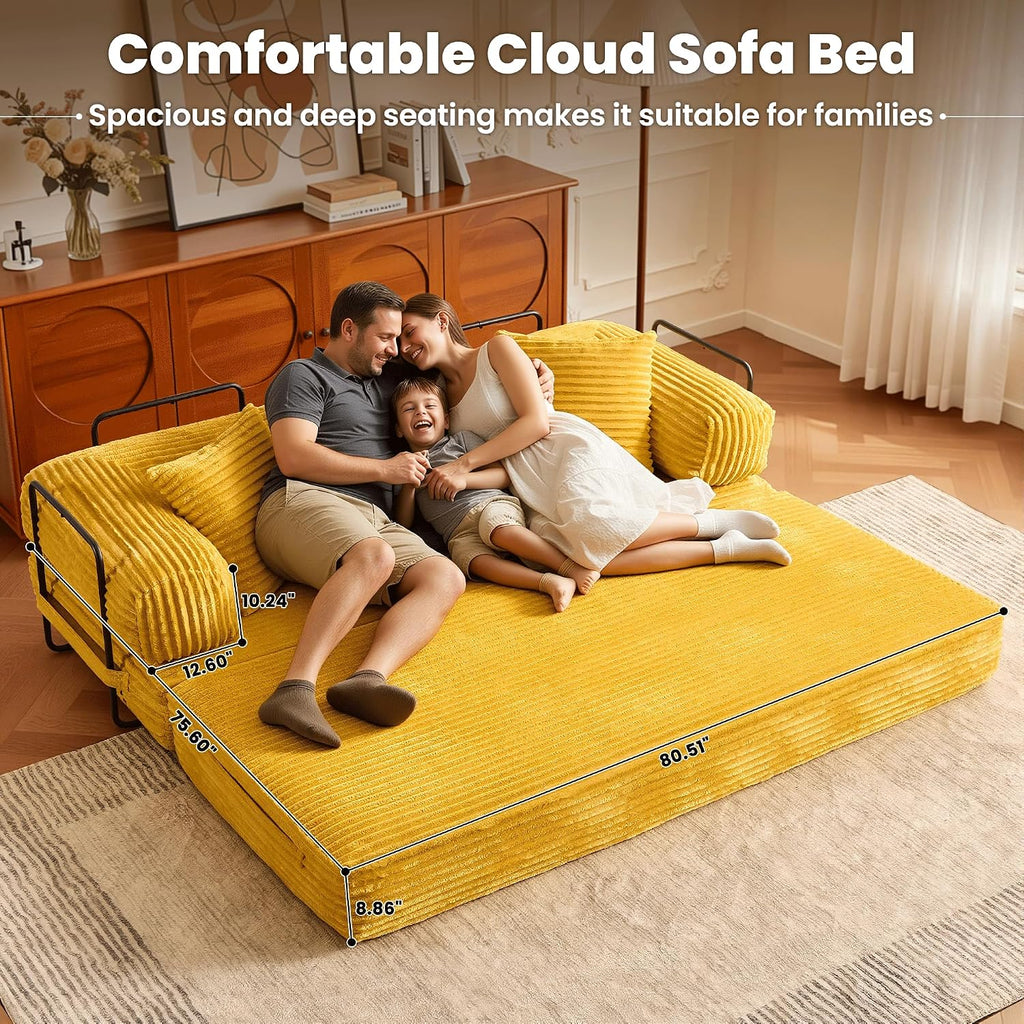 ovios 81' Folding Sofa Bed, Foldable Sleeper Boneless Couch with Pull Out Beds, Modular Convertible Floor Futon Loveseat Lounger for Living Room (Faux Fur, Yellow)