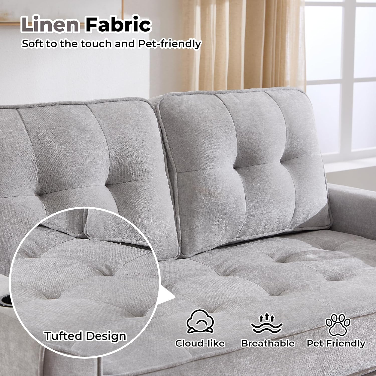 Convertible Sofa Bed, Pull Out Loveseat Sleeper Couch,Linen Fabric 2 in 1 Folding Couch Bed, Fold Out Floor Futon Couches with Cup Holder for Living Room, Bedroom,Small Space, Light Grey
