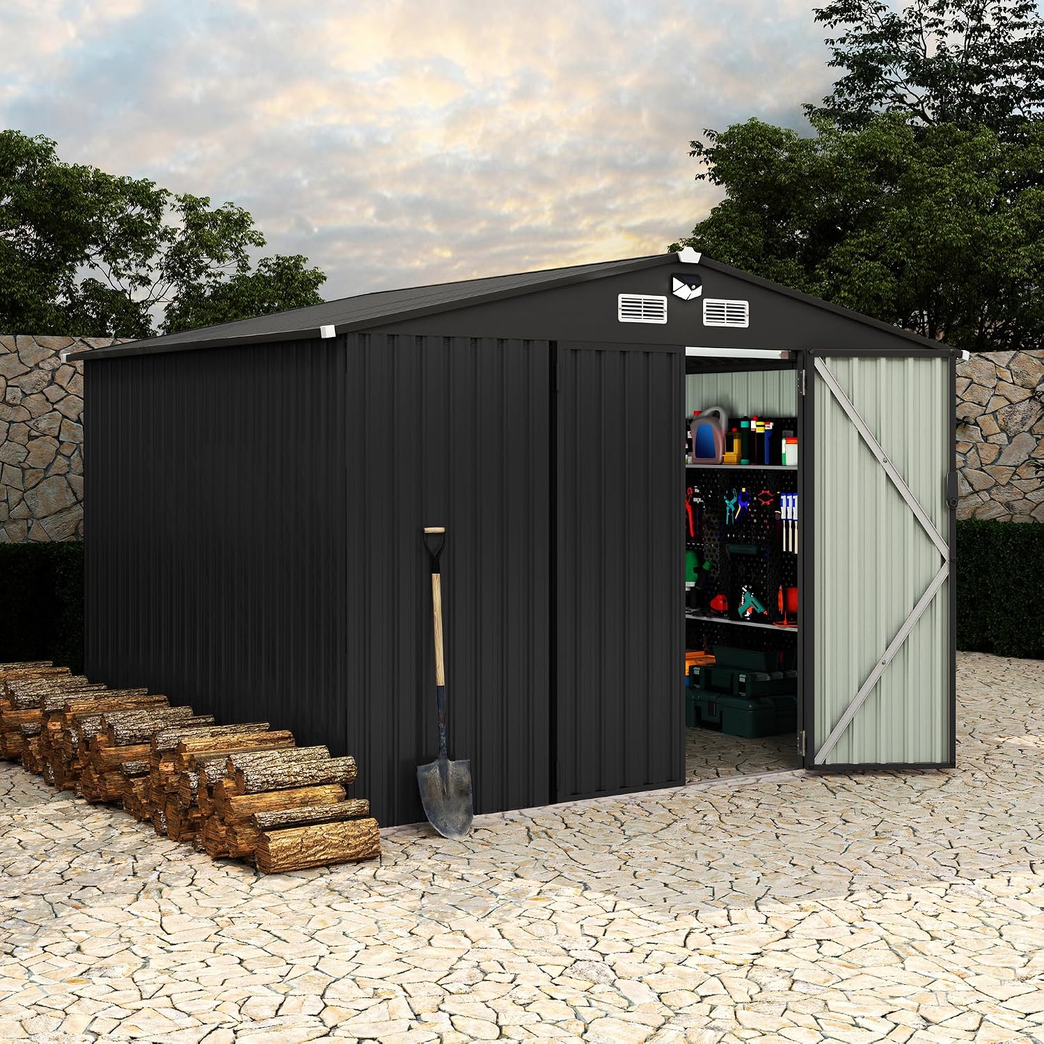 8X10 FT Metal Storage Sheds Outdoor, Metal Yard Sheds Garden Shed Kit, Tool Shed with Lockable Door, Utility Sheds Buildings with Air Vent for Backyard Garden Patio Lawn