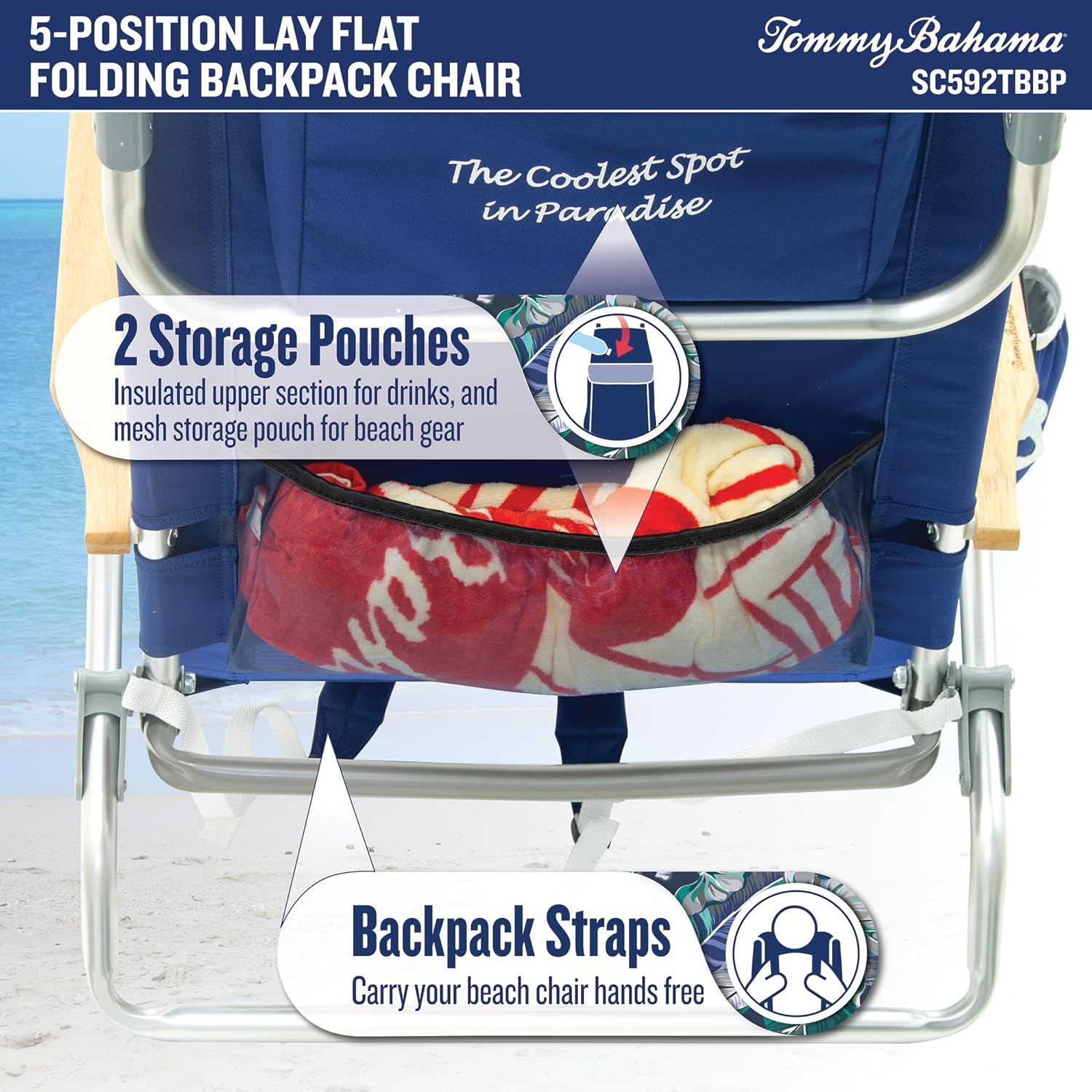 Tommy Bahama 2-Pack 5-Position Classic Lay Flat Backpack Beach Chair with Cooler and Cup Holder, Portable Folding Beach Chair for Tanning, Red/White/Blue
