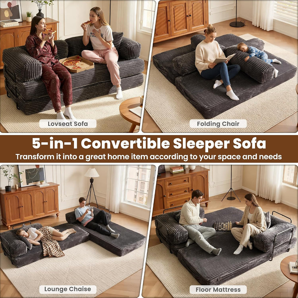 ovios 81' Folding Sofa Bed, Foldable Sleeper Boneless Couch with Pull Out Beds, Modular Convertible Floor Futon Loveseat Lounger for Living Room (Faux Fur, Grey)