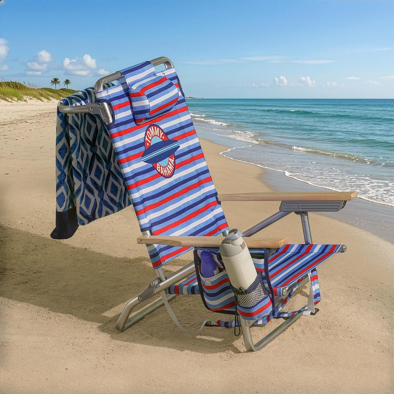 Tommy Bahama 2-Pack 5-Position Classic Lay Flat Backpack Beach Chair with Cooler and Cup Holder, Portable Folding Beach Chair for Tanning, Red/White/Blue