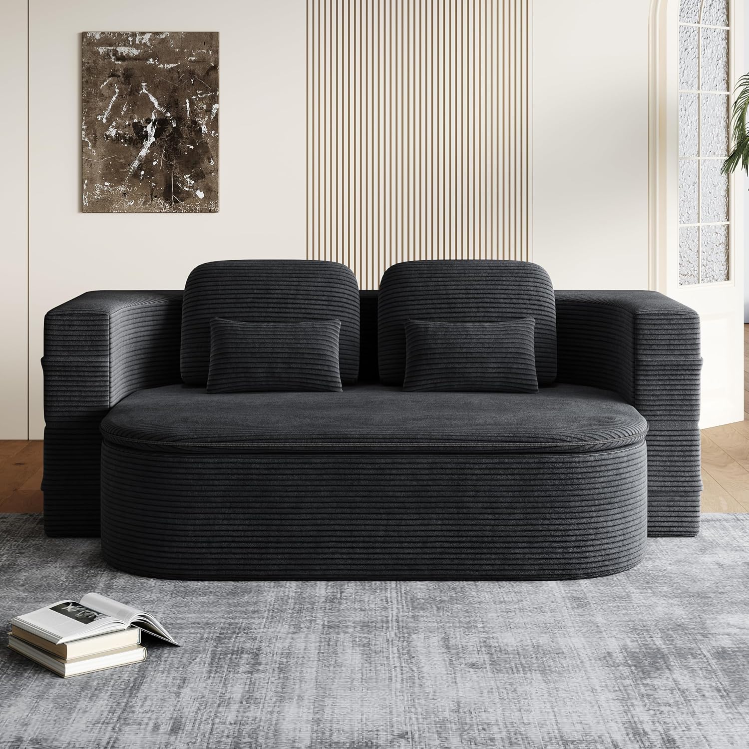 Convertible Folding Futon Sofa Bed, 2-in-1 Corduroy Love seat Sleeper Sofa with Functional Blanket, Foldable Full Size Guest Couch Bed with 4 Soft Pillows for Living Room (Black)