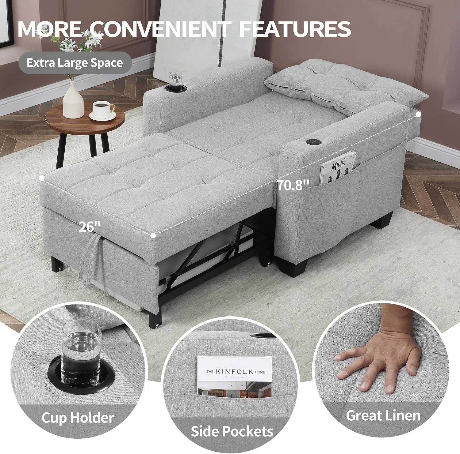 DURASPACE 36.6' Futon Chair Bed Convertible Chair 3-in-1 Pull Out Sleeper Reading Chair Beds with USB, Armchair Sleeper Bed for Living Room, Dorm, Small Space (Light Gray Linen)