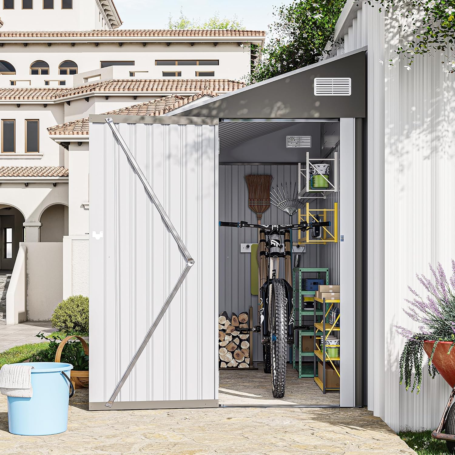 YOPTO 4x8 FT Outdoor Metal Storage Shed,Waterproof Lean to Tool Sheds,Heavy-Duty Unit with Single Hinge Side Door and Ventilation Windows,Weather Resistant,for Backyard,Patio,Lawn,Dark Gray