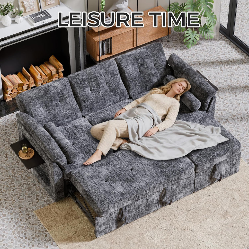 Convertible Sleeper Sofa Bed, 63 Inch Chenille Pull Out Couch with Side Table & Adjustable Backrest, Sectional Sleeper Sofa with Pull Out Bed for Living Room, Apartment, Gray