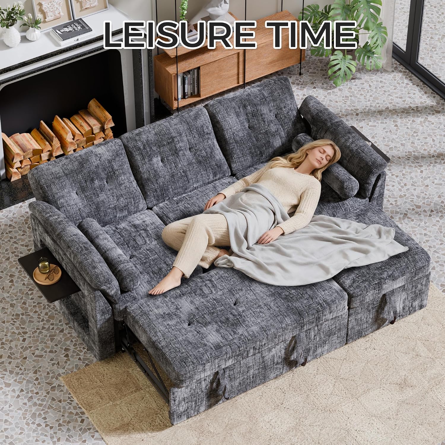 Convertible Sleeper Sofa Bed, 63 Inch Chenille Pull Out Couch with Side Table & Adjustable Backrest, Sectional Sleeper Sofa with Pull Out Bed for Living Room, Apartment, Gray