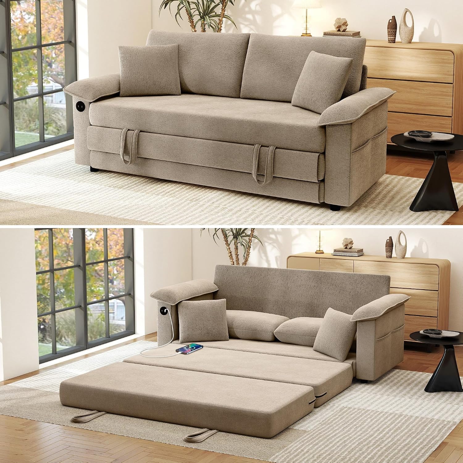 SUNWAVE 77' Sleeper Sofa Convertible Sofa Bed with USB Ports & Side Pockets, Chenille Loveseat Pull Out Couch with Full Size Sleeping Area, Folding Sofa Bed for Living Room & Small Spaces (Khaki)