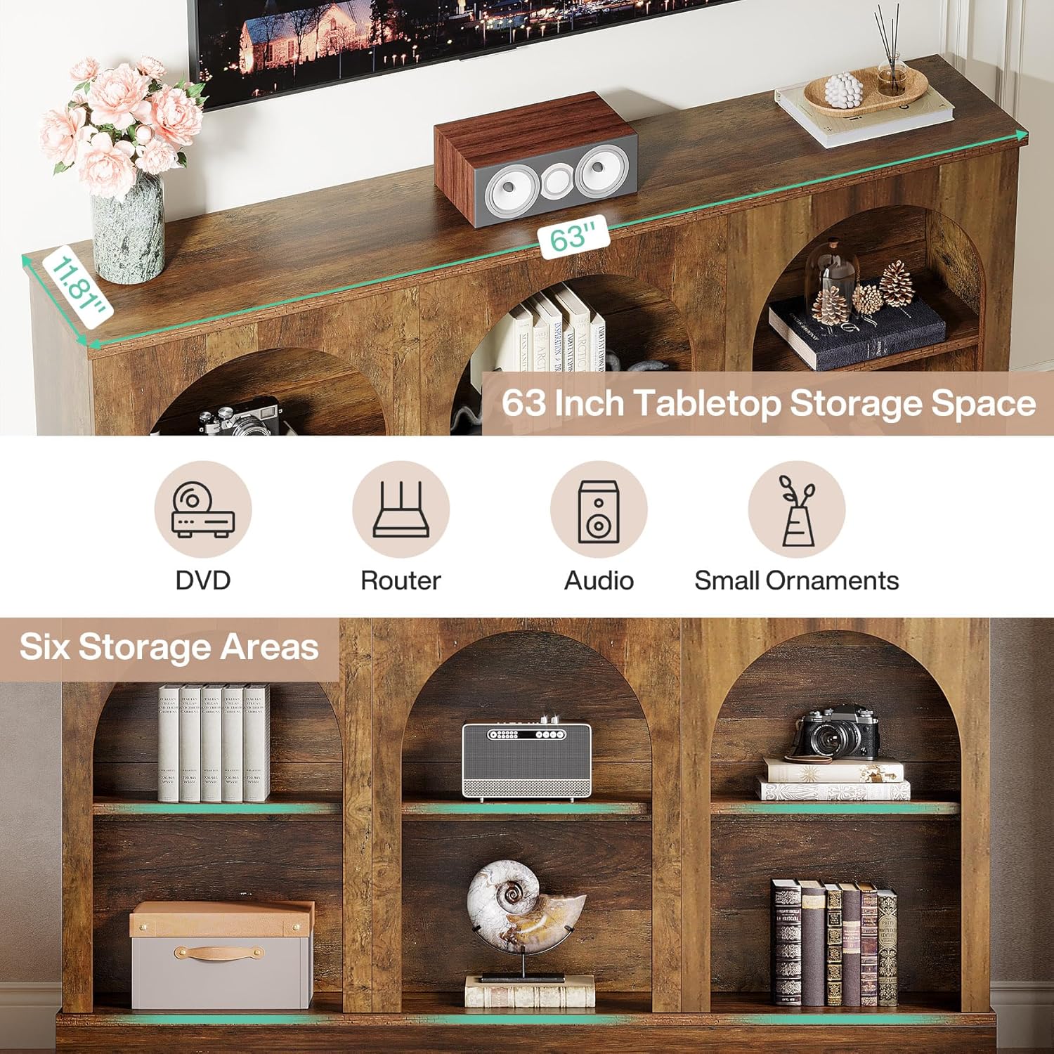 Tribesigns TV Consoles for Living Room, Television Stand for 55/60/65 Inch TV, Farmhouse Media Entertainment Center Stand with Storage Cabinets, Rustic Brown