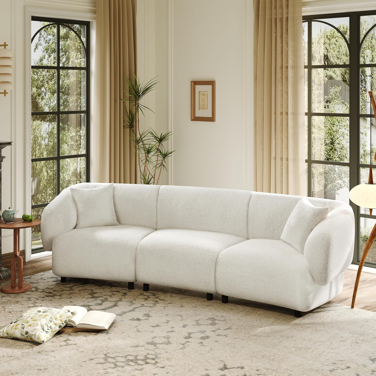 Christopher Knight Home Obito Boucle Upholstered 3-Seater Sofa, Modern Home Sofa Living Room, Wooden Large Upholstered Sofa Couch for Apartment/Home Office, Light Beige