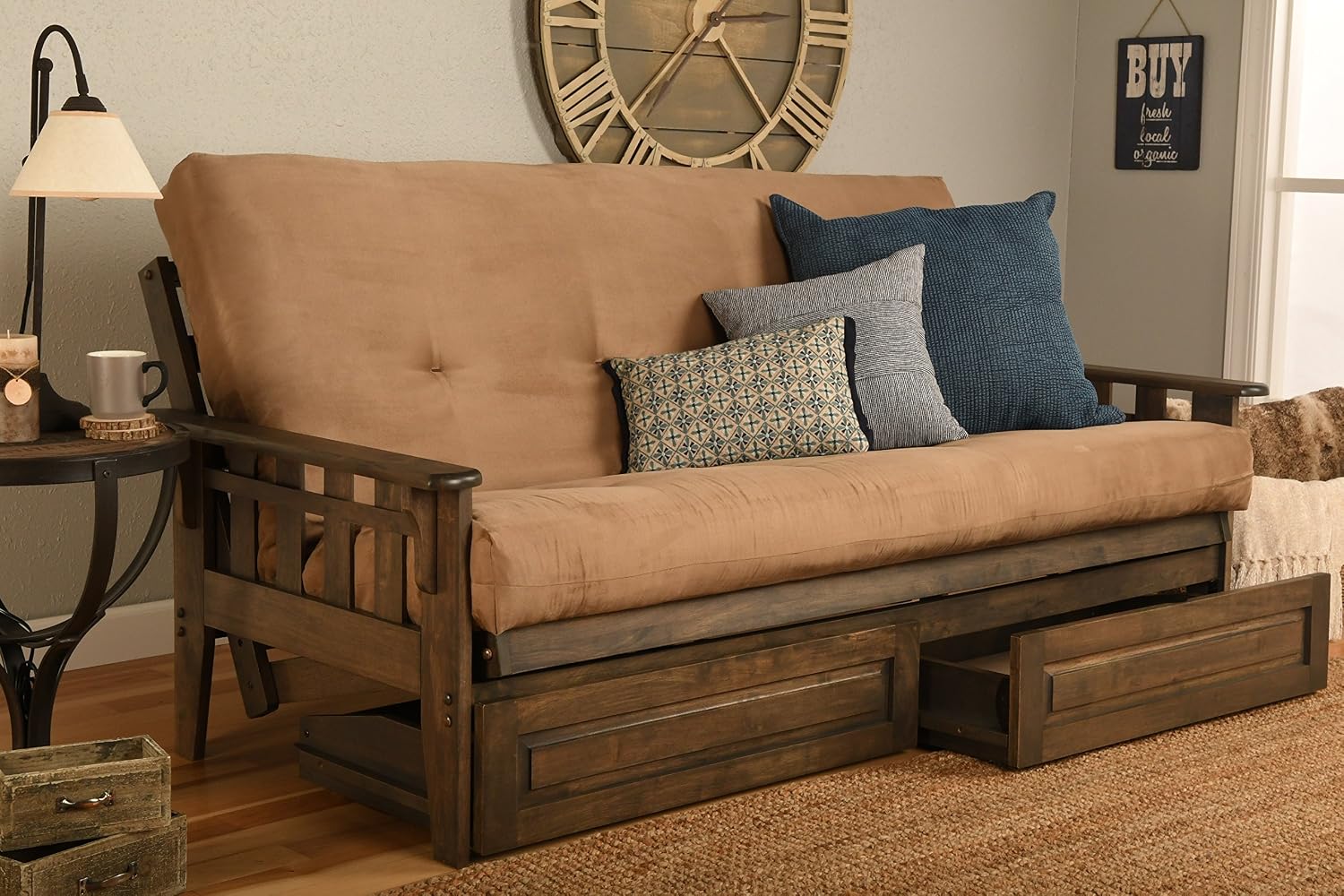 FutonX Rustic Walnut Frame and Mattress Set with Choice to add Drawers, 8 Inch Innerspring Futon Sofa Bed Full Size Wood (Biege Matt, Frame and Drawers)