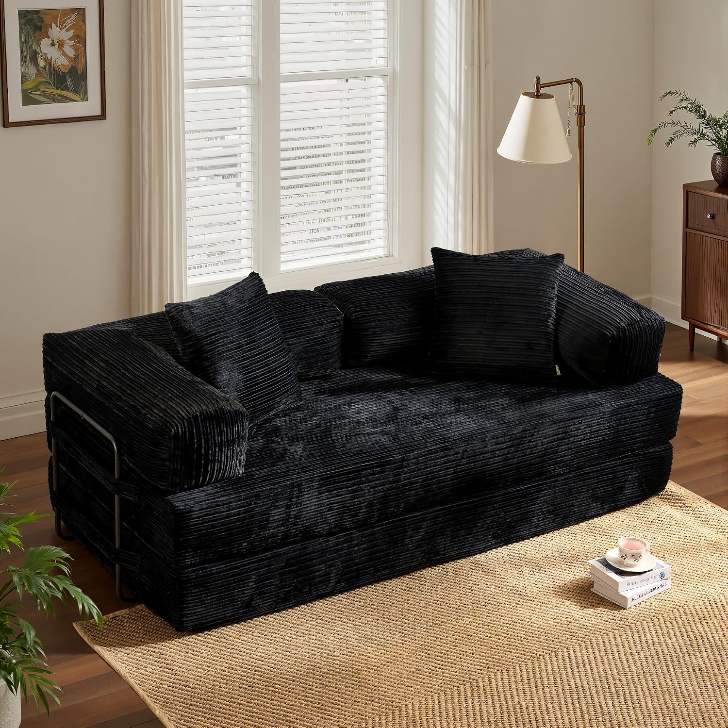 ovios 81' Folding Sofa Bed, Foldable Sleeper Boneless Couch with Pull Out Beds, Modular Convertible Floor Futon Loveseat Lounger for Living Room (Corduroy, Black)