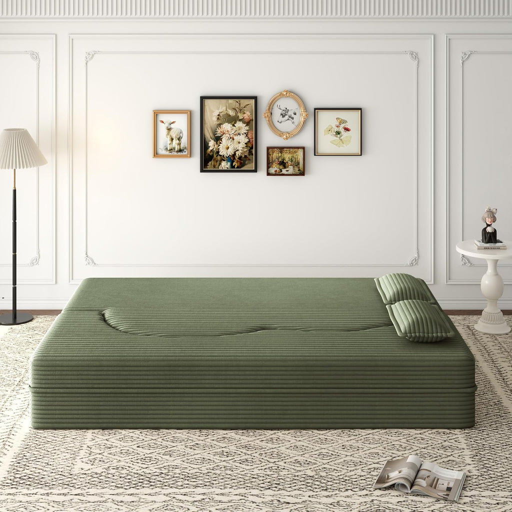 78' Futon Sofa Bed, 2-in-1 Foldable Floor Sleeper Sofa, Convertible Corduroy Curved Loveseat with 2 Pillows, Full Mattress Bed, Upholstered Boneless Couches for Living Room, Apartment, Green