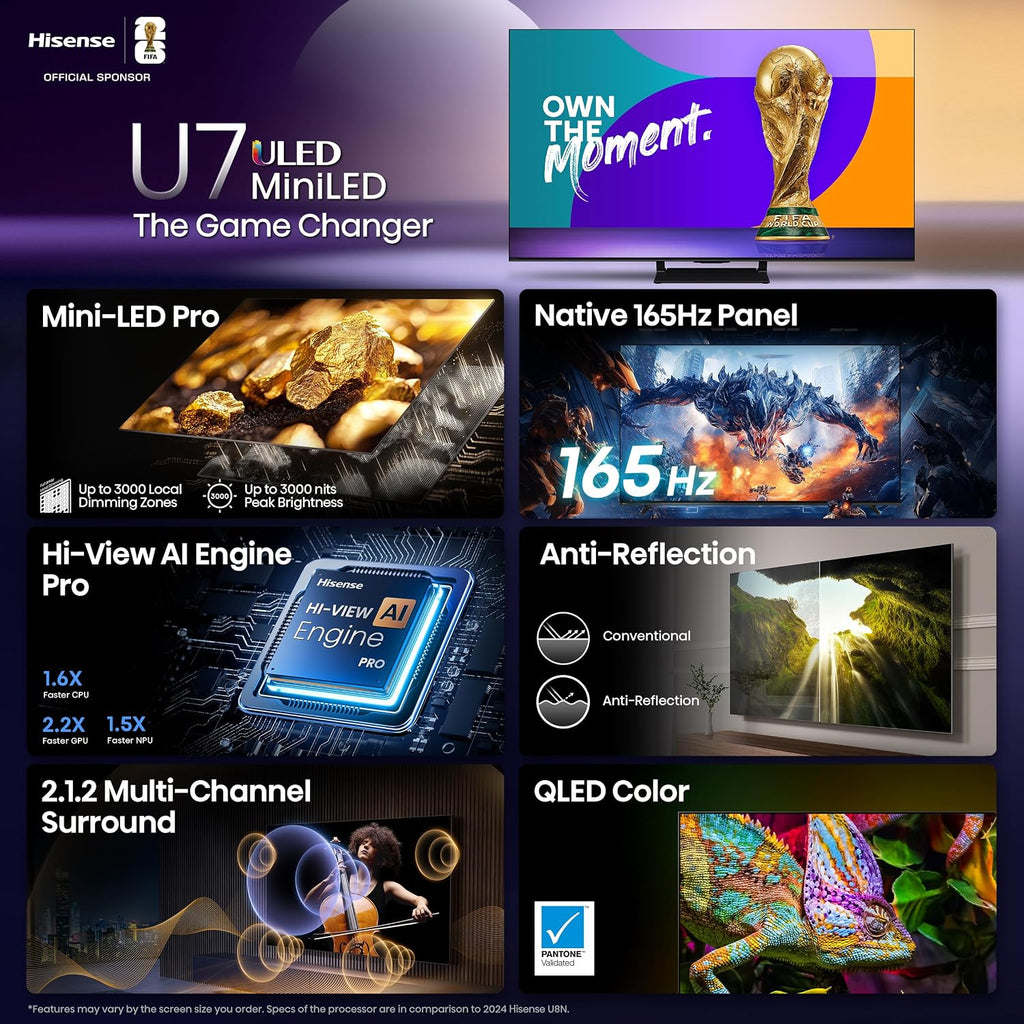 Hisense 85' U7 Mini-LED ULED 4K UHD Best Premium Gaming Google Smart TV (85U75QG, 2025 Model) - QLED, Native 165Hz, VRR 288, Up to 3000 Nits, HDR10+, Dolby Vision IQ · Atmos, IMAX Enhanced, 2.1.2 Ch