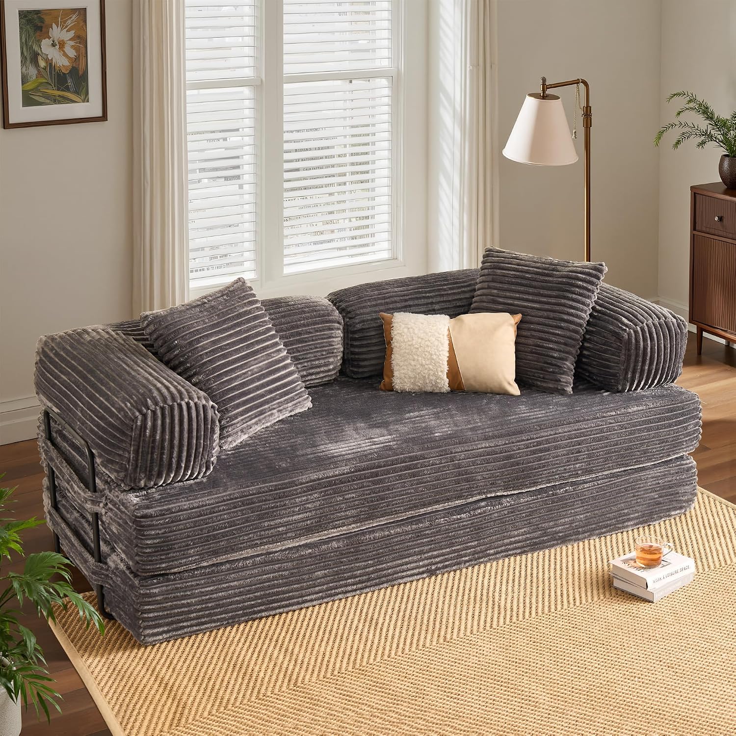 ovios 81' Folding Sofa Bed, Foldable Sleeper Boneless Couch with Pull Out Beds, Modular Convertible Floor Futon Loveseat Lounger for Living Room (Faux Fur, Grey)