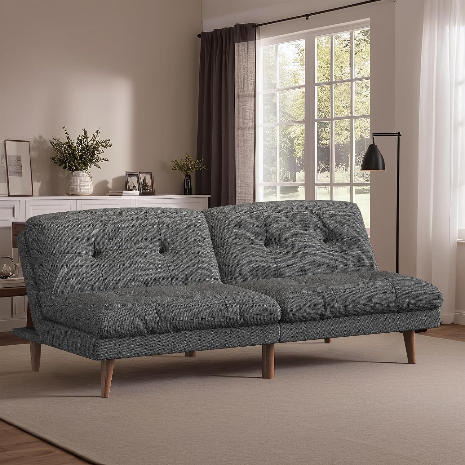 Flamaker Convertible Futon Sofa Bed Futon Couch with Adjustable Back Upholstered Sleeper Sofa Bed for Living Room Furniture (Fabric,Grey)