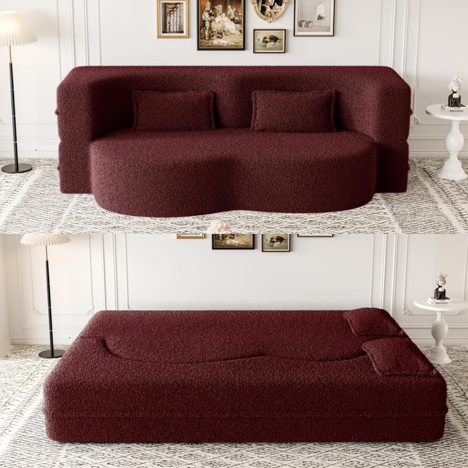 2-in-1 Folding Convertible Sofa Bed,78 Inch Convertible Boneless Couch with Pilow Foldable Matress, Teddy Loveseat Sleeper Pull Out Bed Floor Sofa Modular Futon Couch (Teddy, Burgundy)