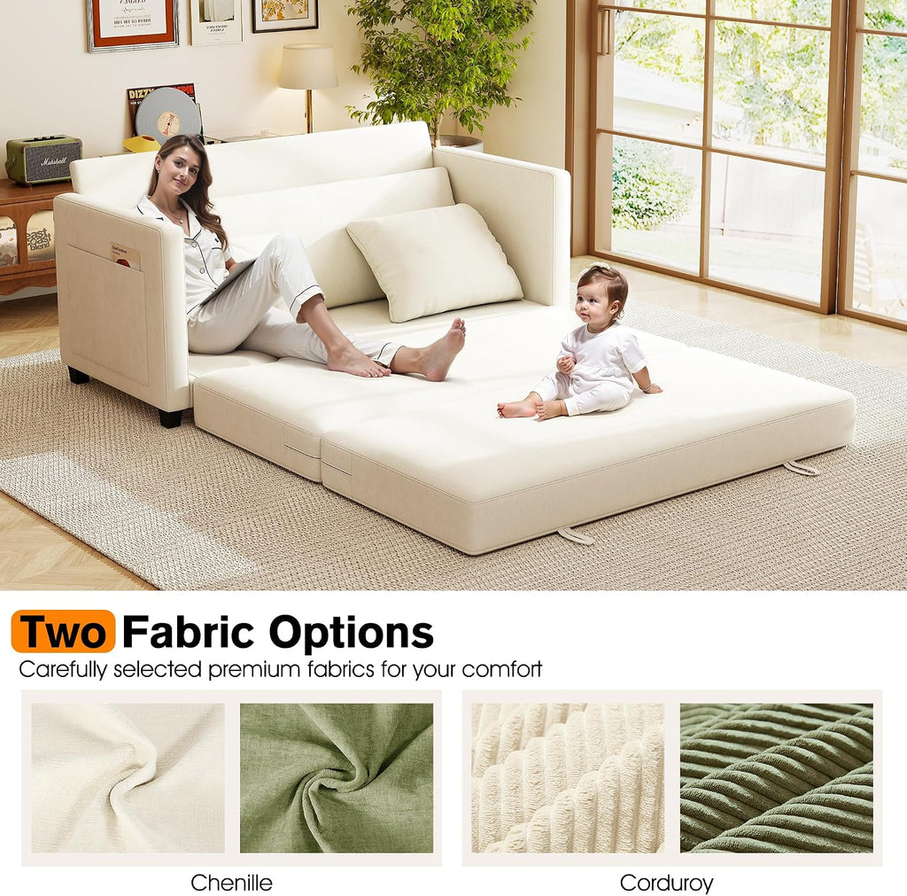 65' Loveseat Sleeper Sofa Bed, Chenille Convertible Sofa Bed for Small Spaces, Folding Couch Bed with Deep Seat, Solid Frame, Pull Out Floor Couches for Living Room, Beige