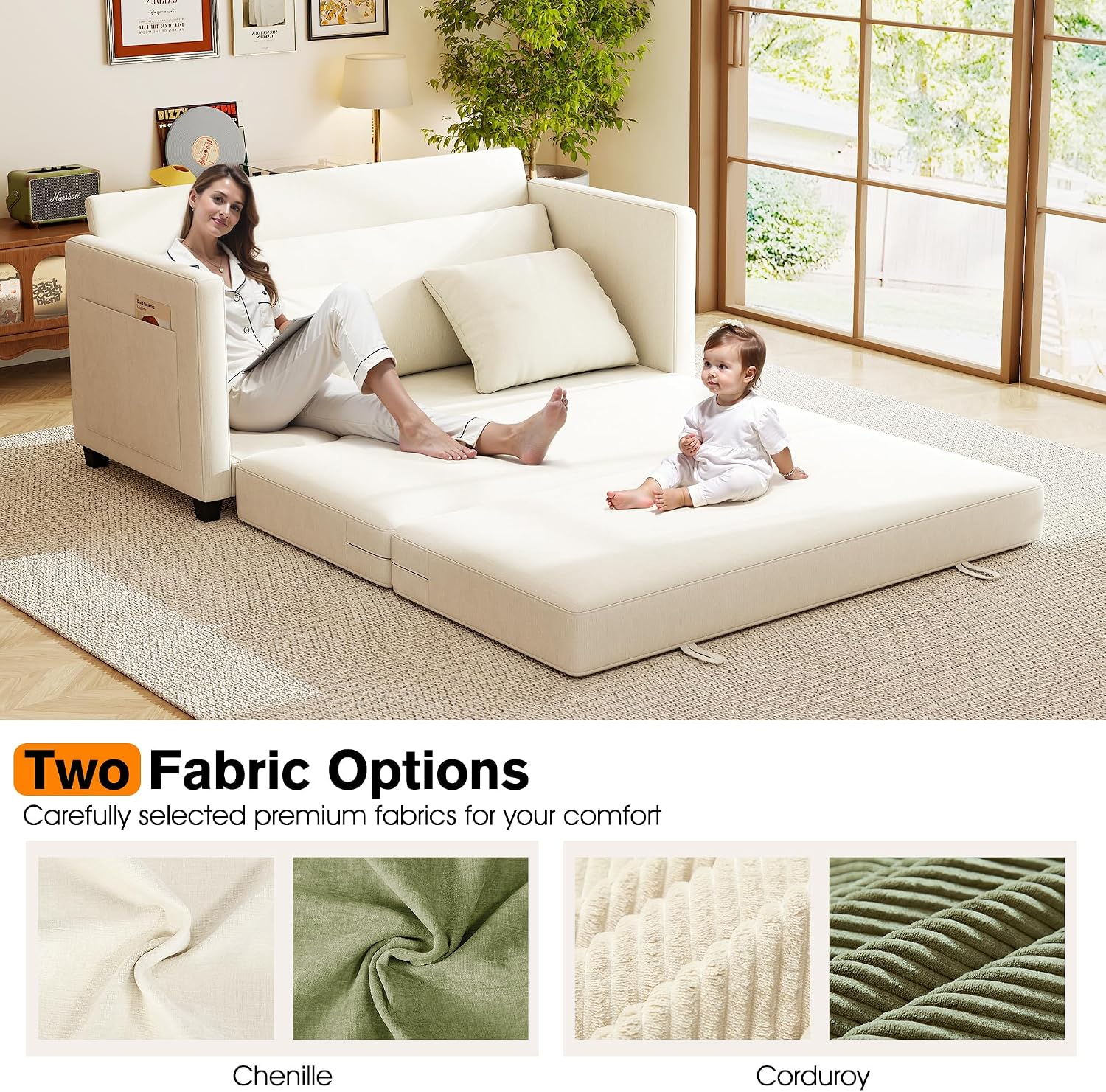 65' Loveseat Sleeper Sofa Bed, Chenille Convertible Sofa Bed for Small Spaces, Folding Couch Bed with Deep Seat, Solid Frame, Pull Out Floor Couches for Living Room, Beige