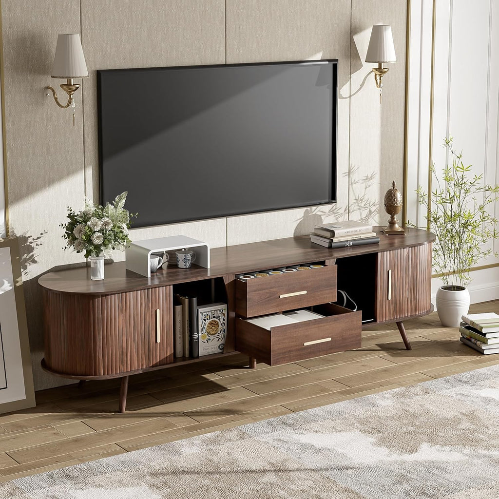 Merax 70' Fluted TV Stand for TVs Up to 80', Mid Century Entertainment Center with Sliding Tambour Doors and Drawers, Modern Curved Media Console with Storage for Living Room, Walnut