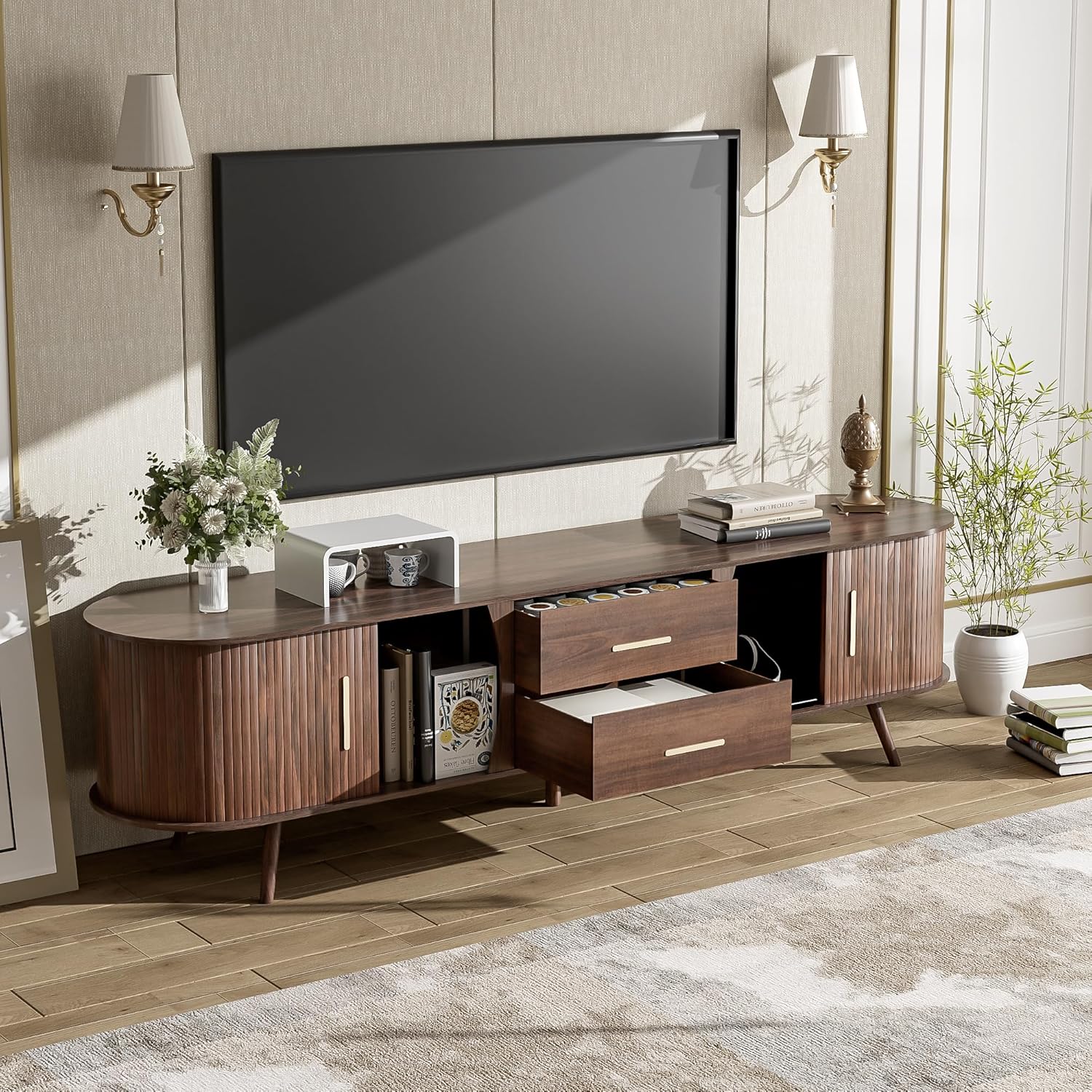 Merax 70' Fluted TV Stand for TVs Up to 80', Mid Century Entertainment Center with Sliding Tambour Doors and Drawers, Modern Curved Media Console with Storage for Living Room, Walnut