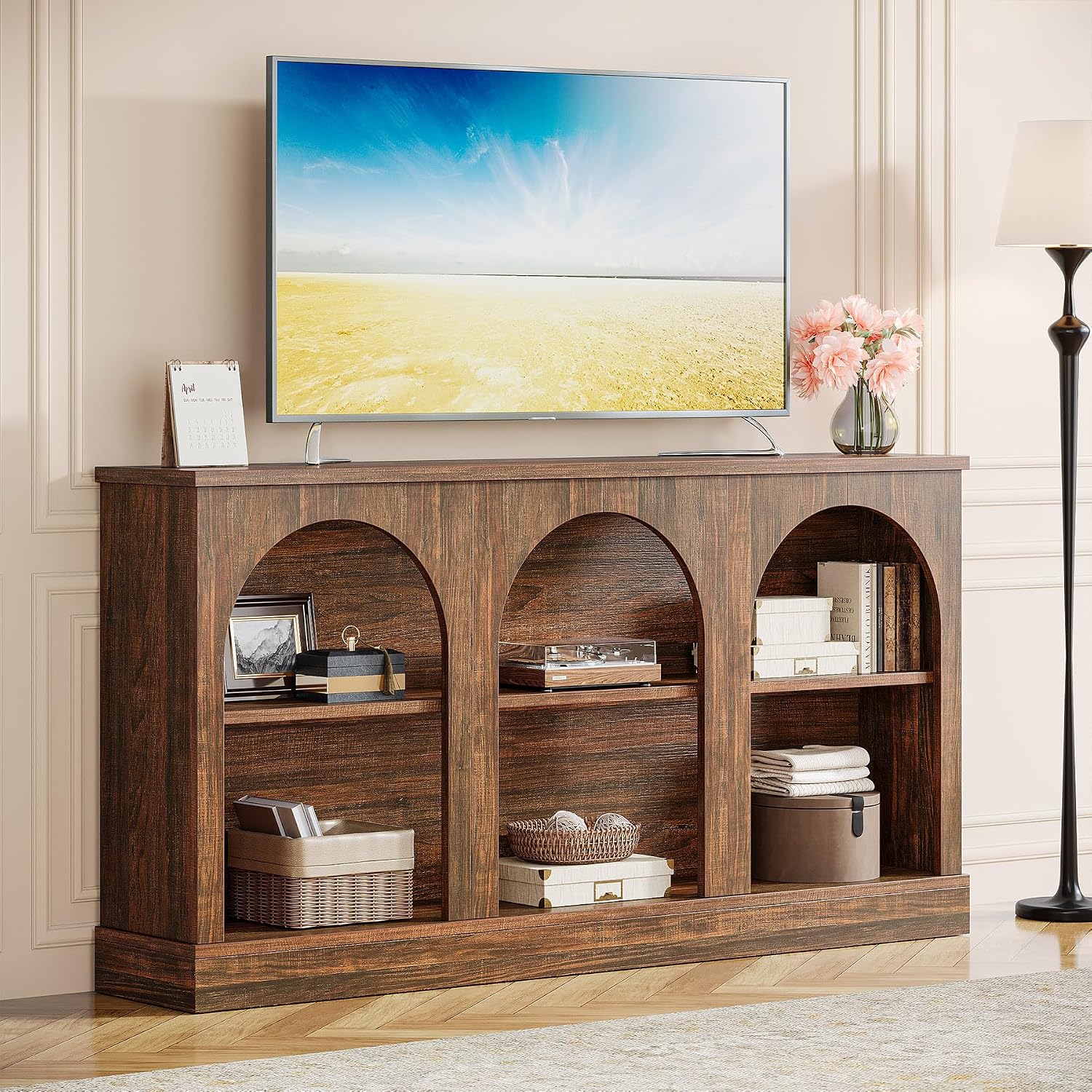 Tribesigns TV Consoles with Storage Cabinets, Television Stand for 55/60/65 Inch TV, Farmhouse Media Entertainment Center Stand for Living Room, Dark Brown