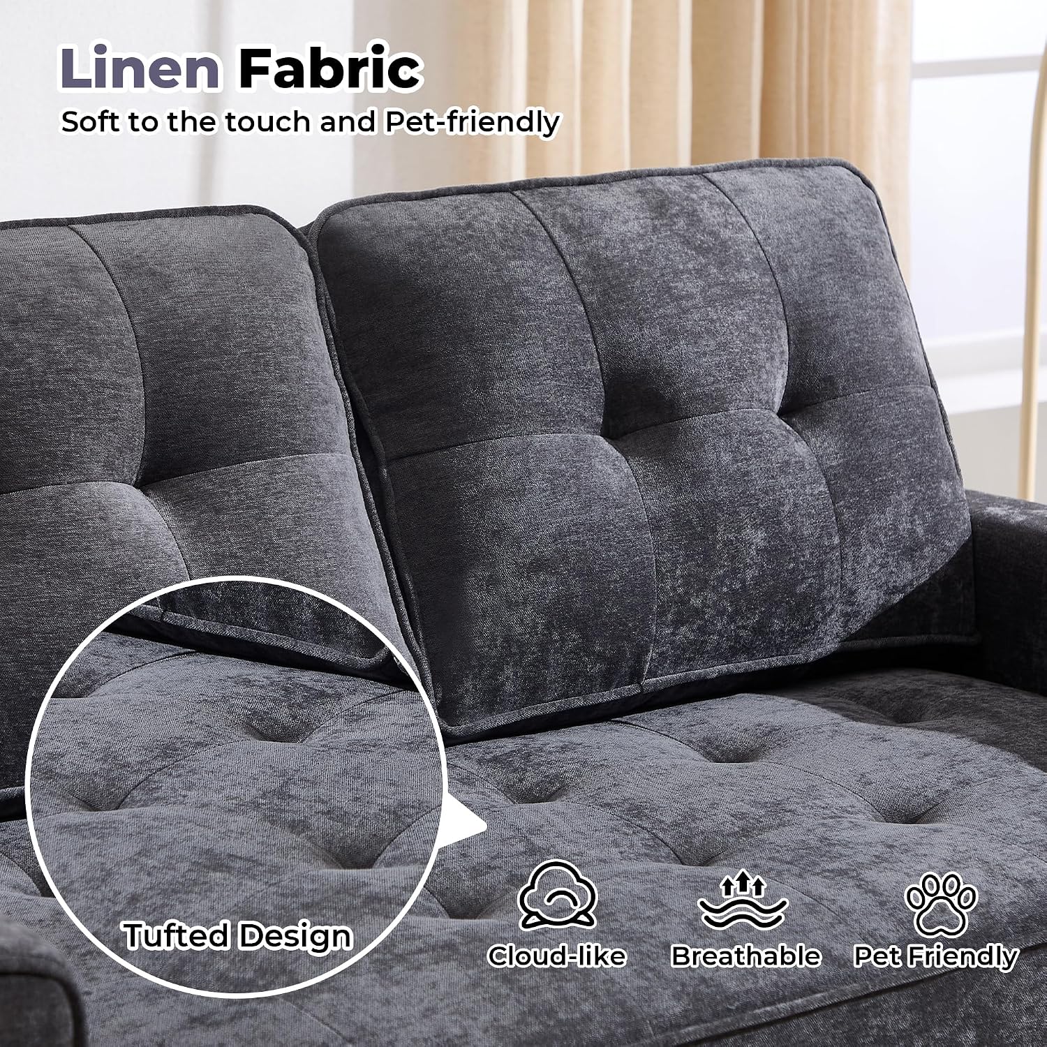 Convertible Sofa Bed, Pull Out Loveseat Sleeper Couch,Linen Fabric 2 in 1 Folding Couch Bed, Fold Out Floor Futon Couches with Cup Holder for Living Room, Bedroom,Small Space, Dark Grey