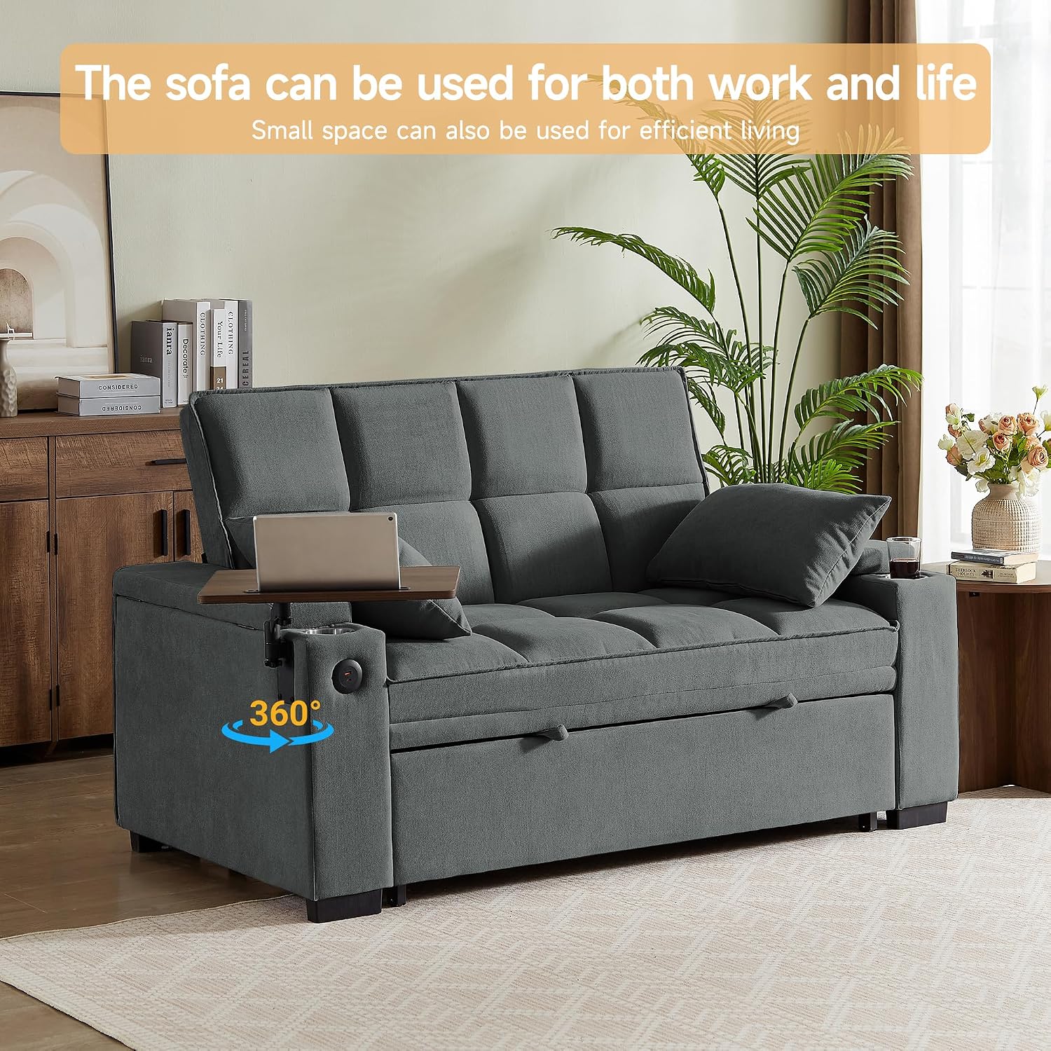 hansones 66' Multi-Functional Pull-Out Sofa Bed with Hidden Side Table, Storage Armrests, Built-in Charging Port, Spring Mattress, Solid Wood Frame – Ideal for Small Spaces, Easy Assembly