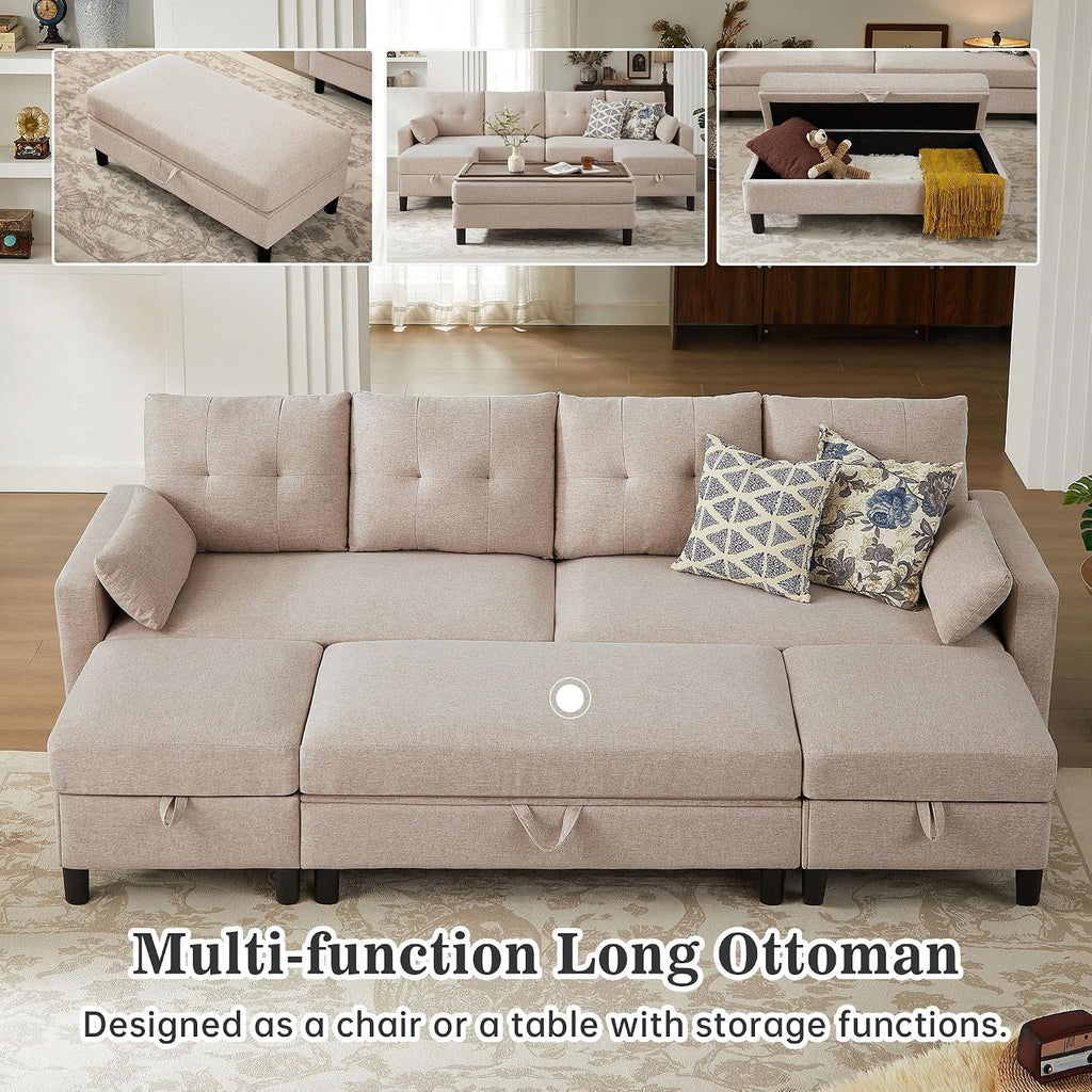 101' Convertible Sectional Sofa with Ottoman Coffee Table, Modern Linen Fabric U-Shaped Couch with Storage Pocket, 4 Seat Sofa Couches for Living Room, Apartment, Office, Beige