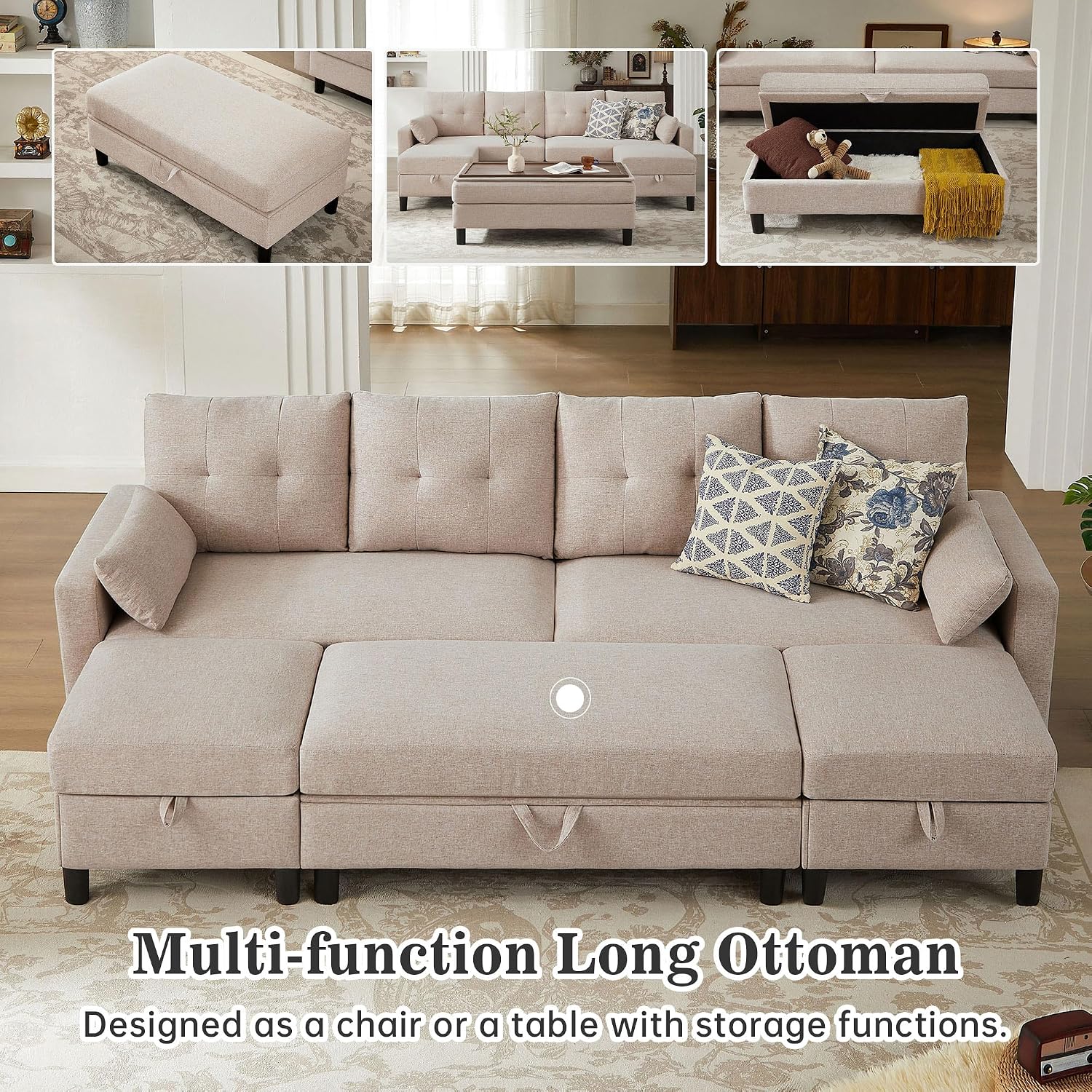 101' Convertible Sectional Sofa with Ottoman Coffee Table, Modern Linen Fabric U-Shaped Couch with Storage Pocket, 4 Seat Sofa Couches for Living Room, Apartment, Office, Beige