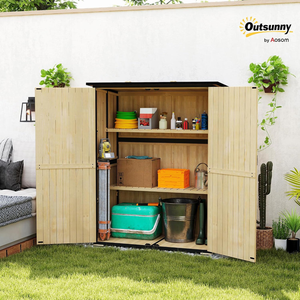 Outsunny Outdoor Storage Cabinet, Wood Garden Tool Shed with Steel Frame and Asphalt Roof, Garden Storage Shed with 2 Shelves, Lockable Doors and Adjustable Feet for Patio Backyard Lawn, Natural