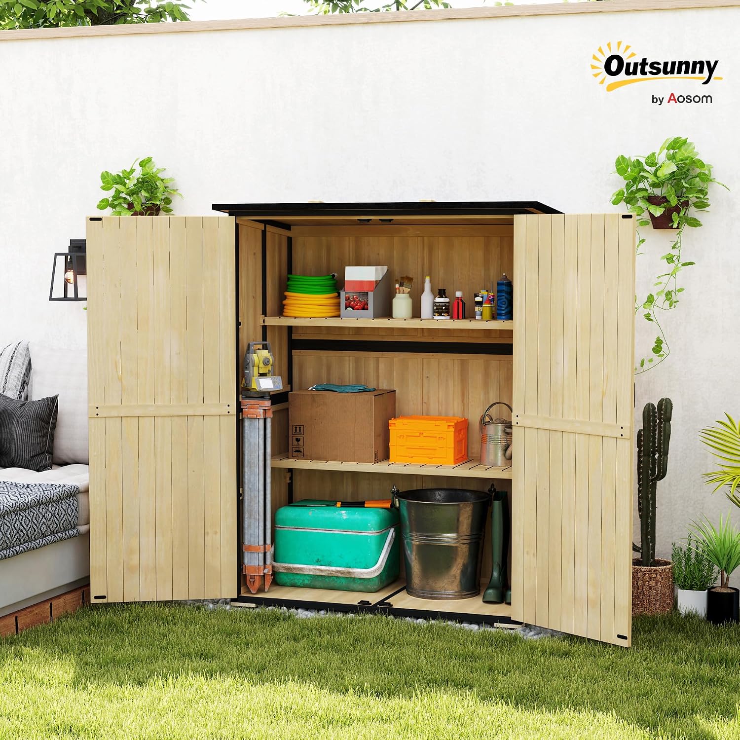 Outsunny Outdoor Storage Cabinet, Wood Garden Tool Shed with Steel Frame and Asphalt Roof, Garden Storage Shed with 2 Shelves, Lockable Doors and Adjustable Feet for Patio Backyard Lawn, Natural
