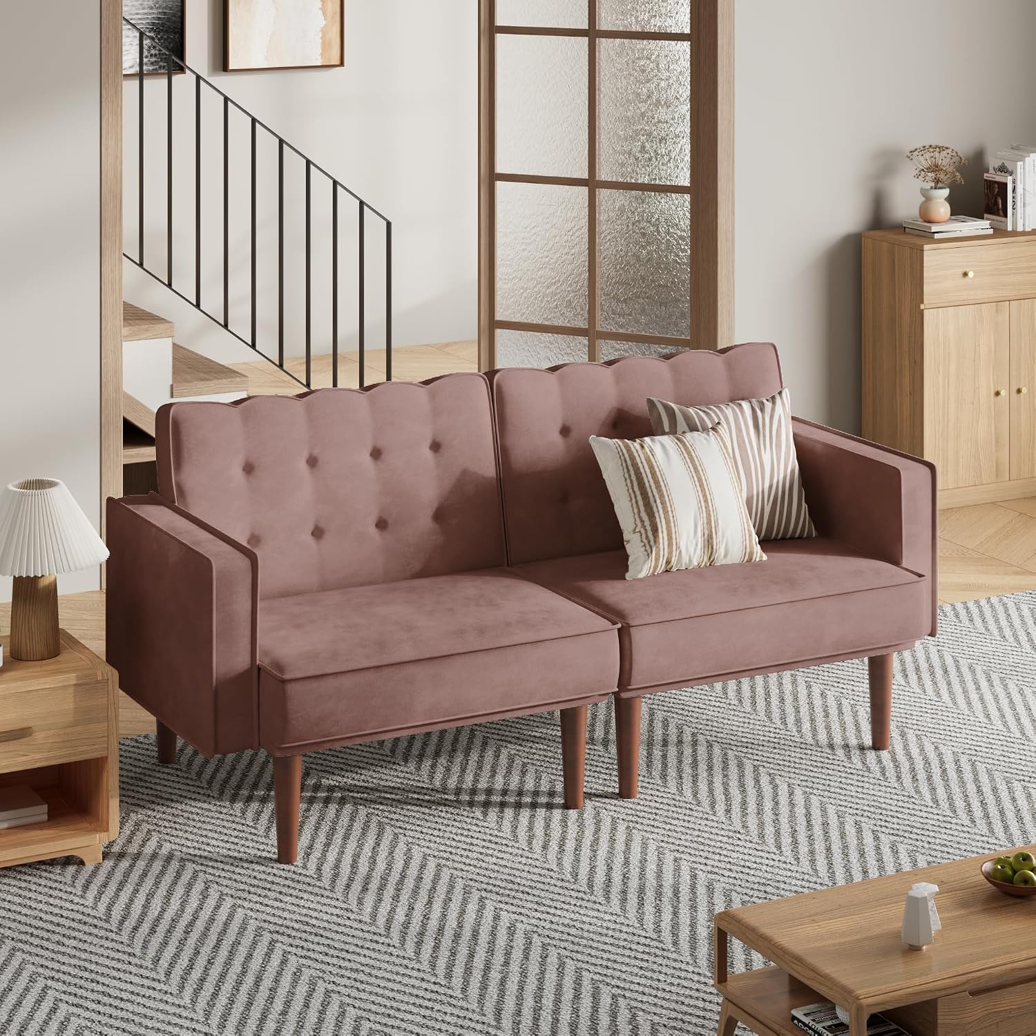 Furnify 71' Velvet Futon Sofa Bed, Versatile Loveseat Couch, Sleeper Sofa with Adjustable Backrest, Mid Century Modern Futon Couch for Small Space, Living Room, Office & Apartment, Velvet Fabric Pink