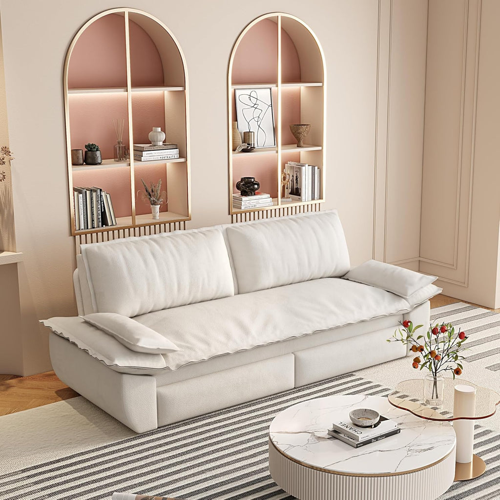73.2' Sofa Bed Queen, 3-in-1 Pull Out Sofa Bed with Pillow Armrest, Modern Velvet Convertible Sleeper Futon Sofa for Living Room Small Space, Apartment, Bedroom, White