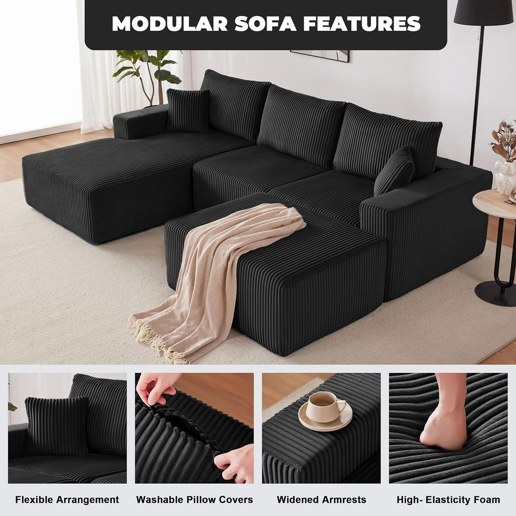 Weture 108' Modular Sectional Couches, Modern Modular U-Shape Sofa with Chaise, Cloud Sectional Couch with Deep Seat, Upholstered Boneless Sofa for Living Room (Corduroy, Black)