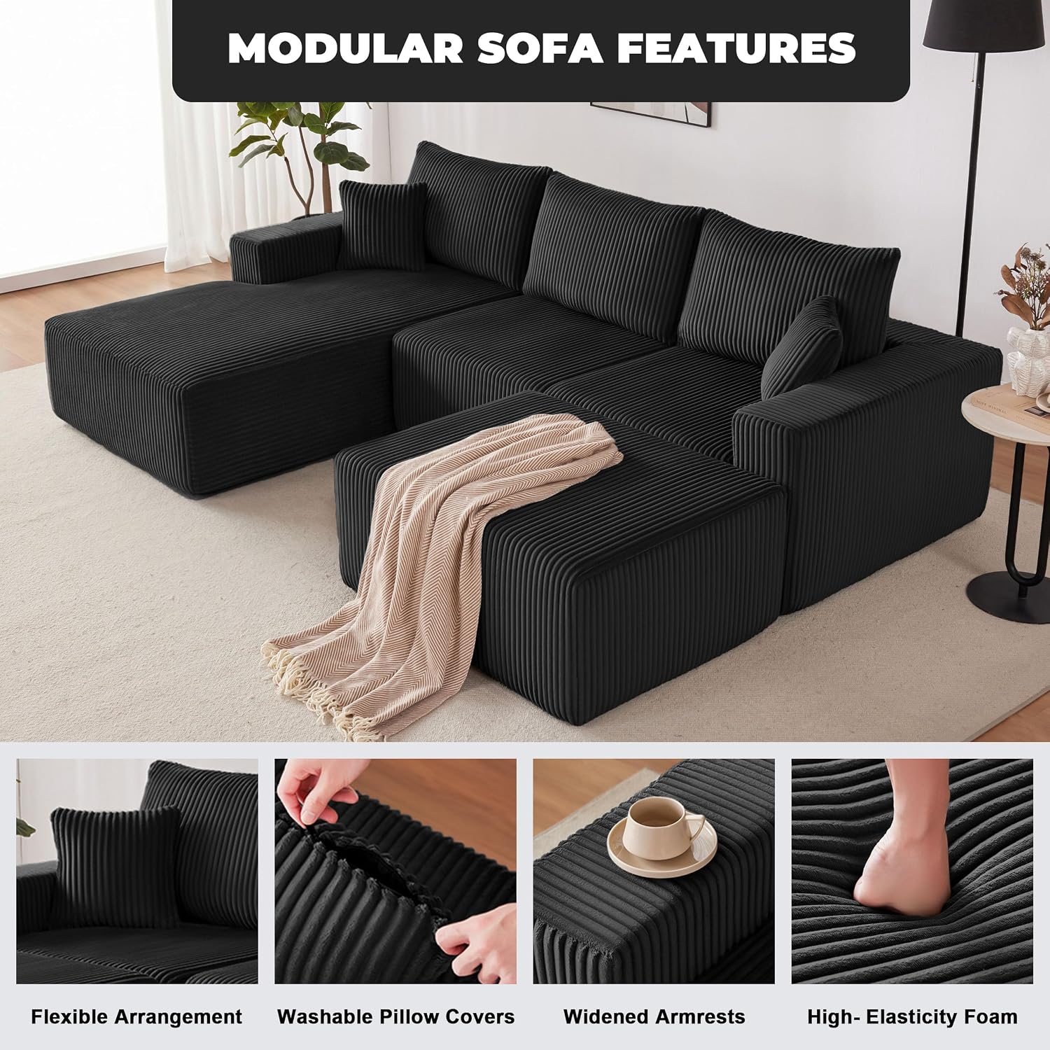 Weture 108' Modular Sectional Couches, Modern Modular U-Shape Sofa with Chaise, Cloud Sectional Couch with Deep Seat, Upholstered Boneless Sofa for Living Room (Corduroy, Black)