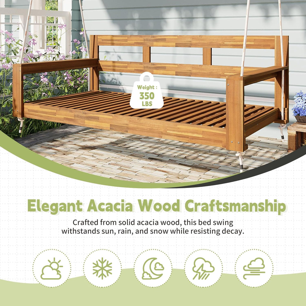 Harper & Bright Designs Patio Wooden Twin Size Porch Swing Daybed Frame, Garden Swing Bench Chair with 4 Hanging Ropes for Backyard,Outdoor,Natural