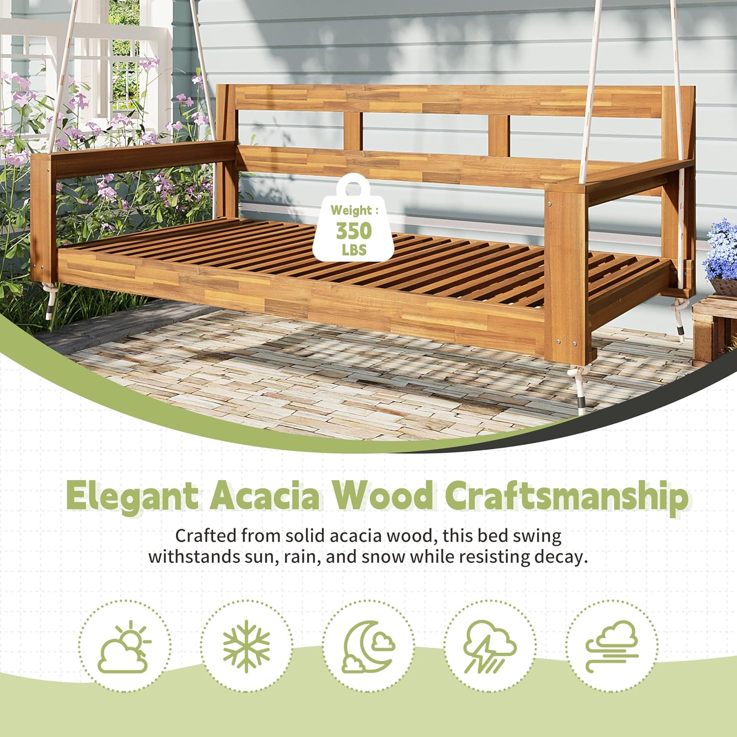 Harper & Bright Designs Patio Wooden Twin Size Porch Swing Daybed Frame, Garden Swing Bench Chair with 4 Hanging Ropes for Backyard,Outdoor,Natural