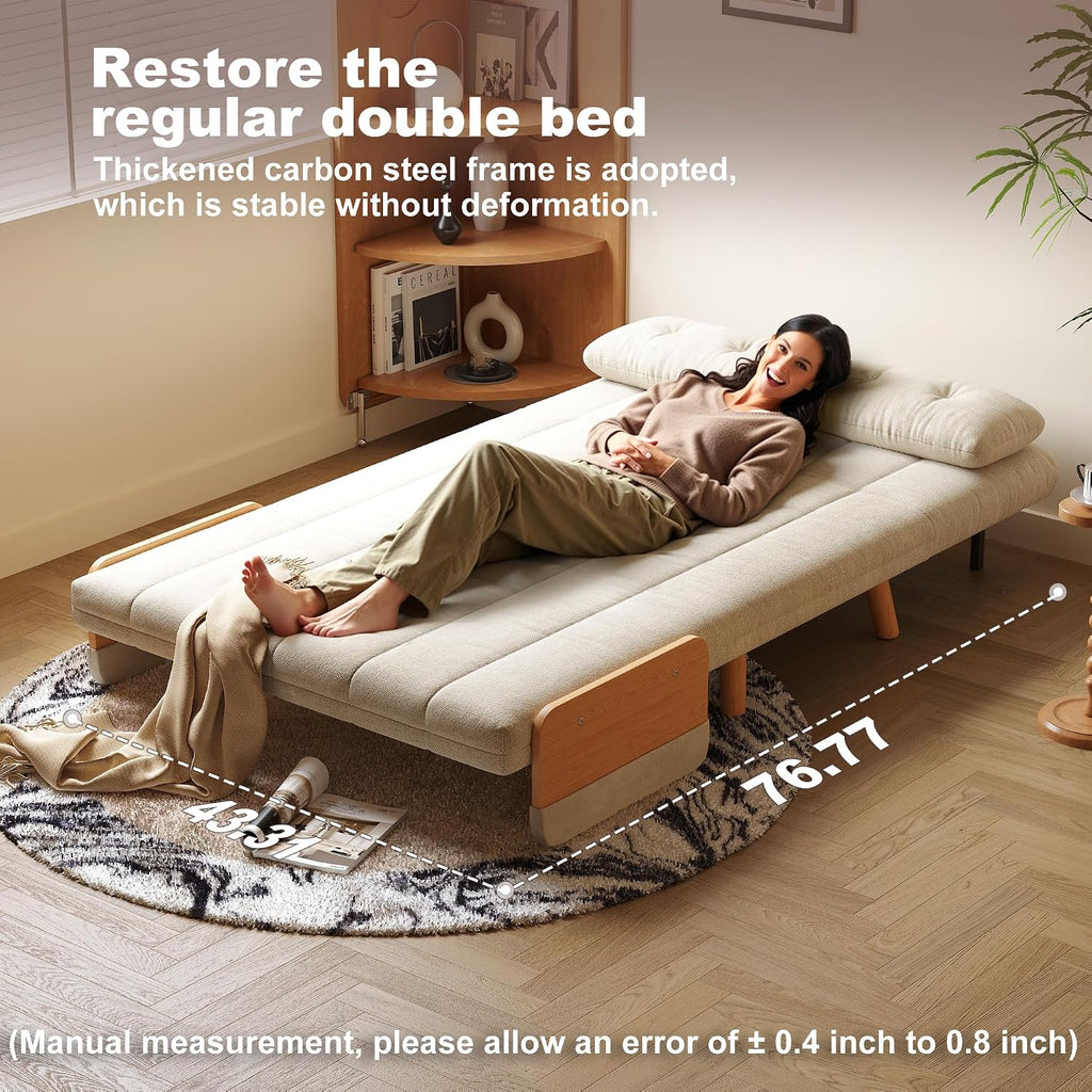 Convertible Chair Bed, Futon Sofa Bed Sleeper Chair with Solid Wood Leg and Storage Pocket, Linen Fabric Sofa Couch Guest Bed for Living Room, Bedroom, Office, Apartment (43.31)