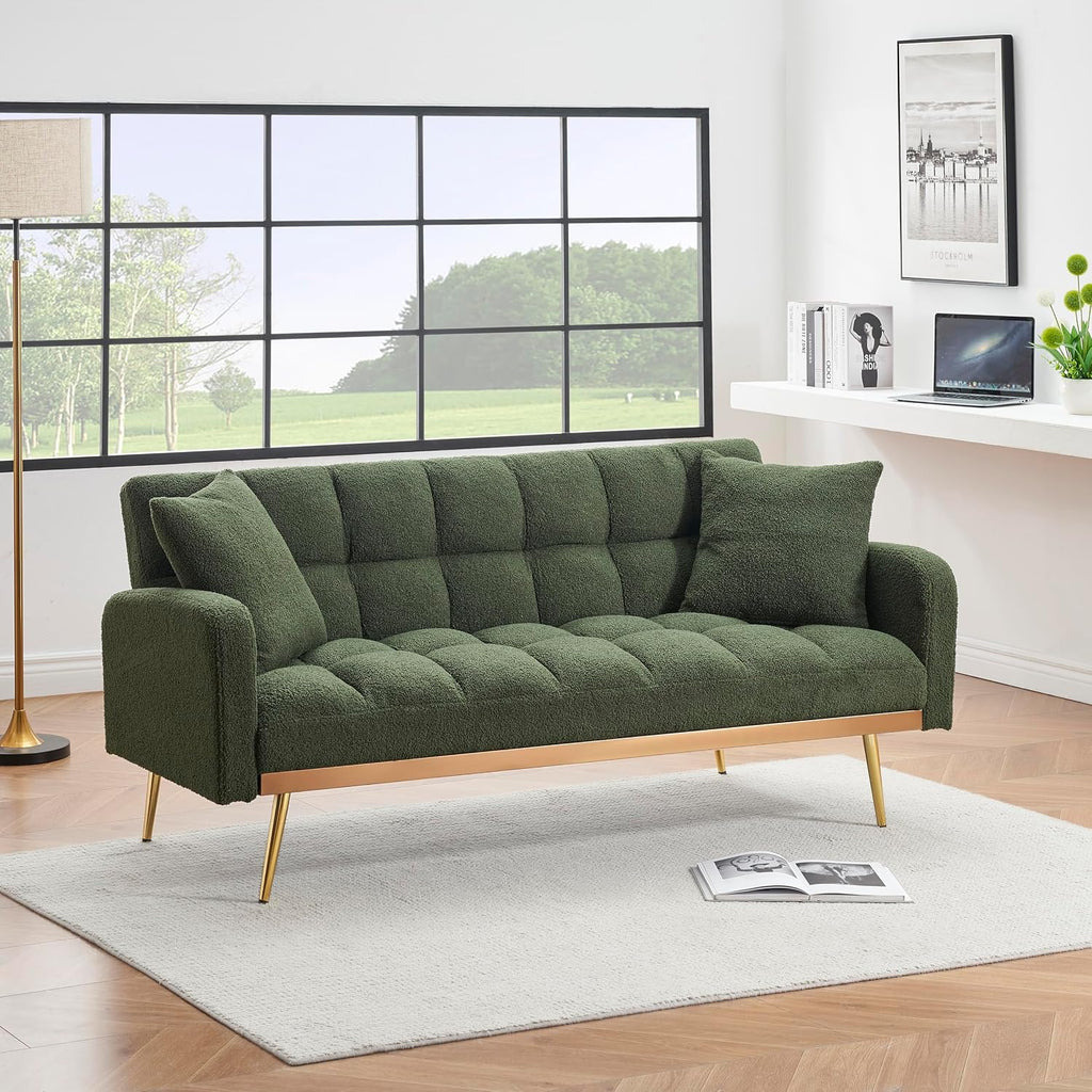 KEIKI 69' Folding Futon Sofa Couch w/Adjustable Backrest, Mid Century Modern Loveseat Convertible to Sleeper Bed, Small Comfy Teddy Cloud Couch SofaBed for Living Room & Bedroom, 2 Pillows, Green