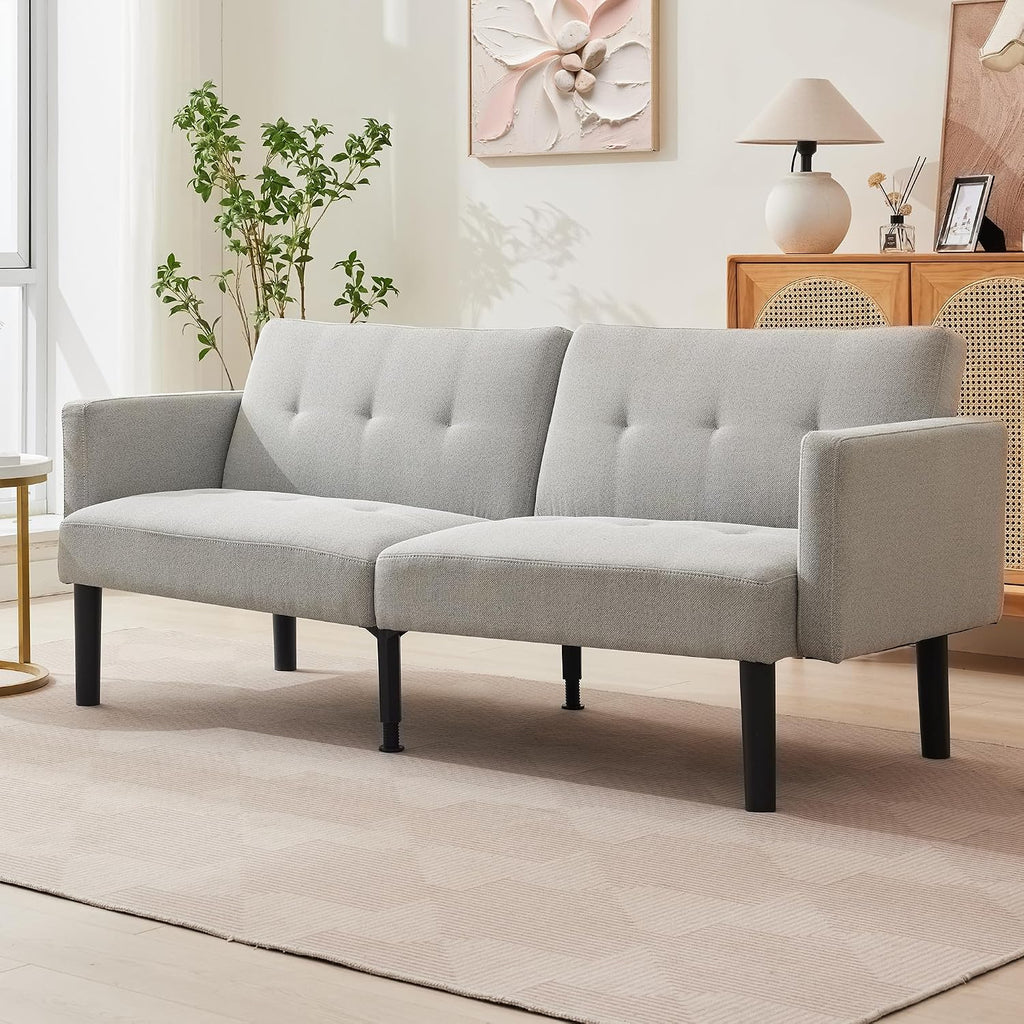 Garvee 75.5' Convertible Futon Sofa Bed, Linen Upholstered Futon Couch with Strong Legs, Mid Century Modern Sleeper Sofa, Comfy Loveseat for Living Room, Bedroom, Dorm, Grey