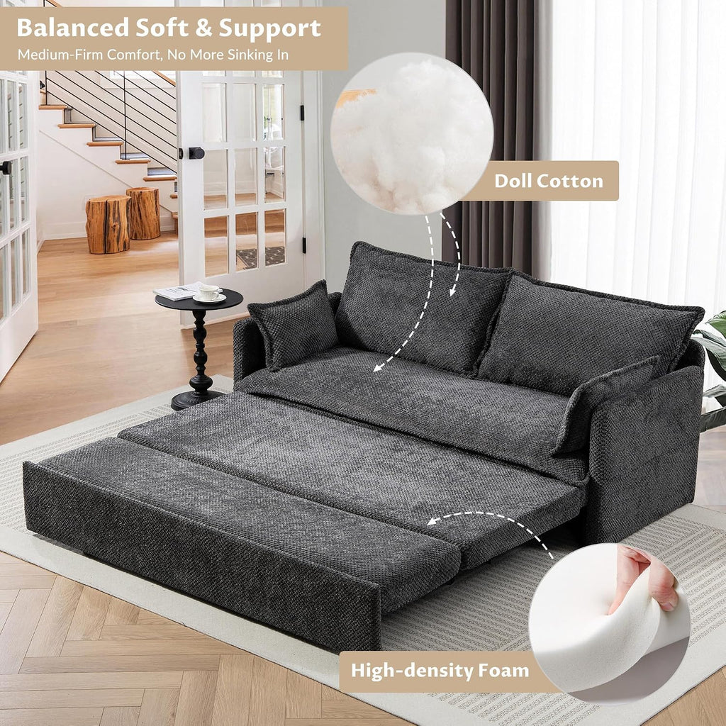 SUNWAVE 60' Queen Pull Out Sofa Bed - Convertible Sleeper Sofa Bed, Corduroy Loveseat Pull Out Couch with USB Charging, Side Pockets for Living Room, Bedroom, Small Spaces(Charcoal, 60')