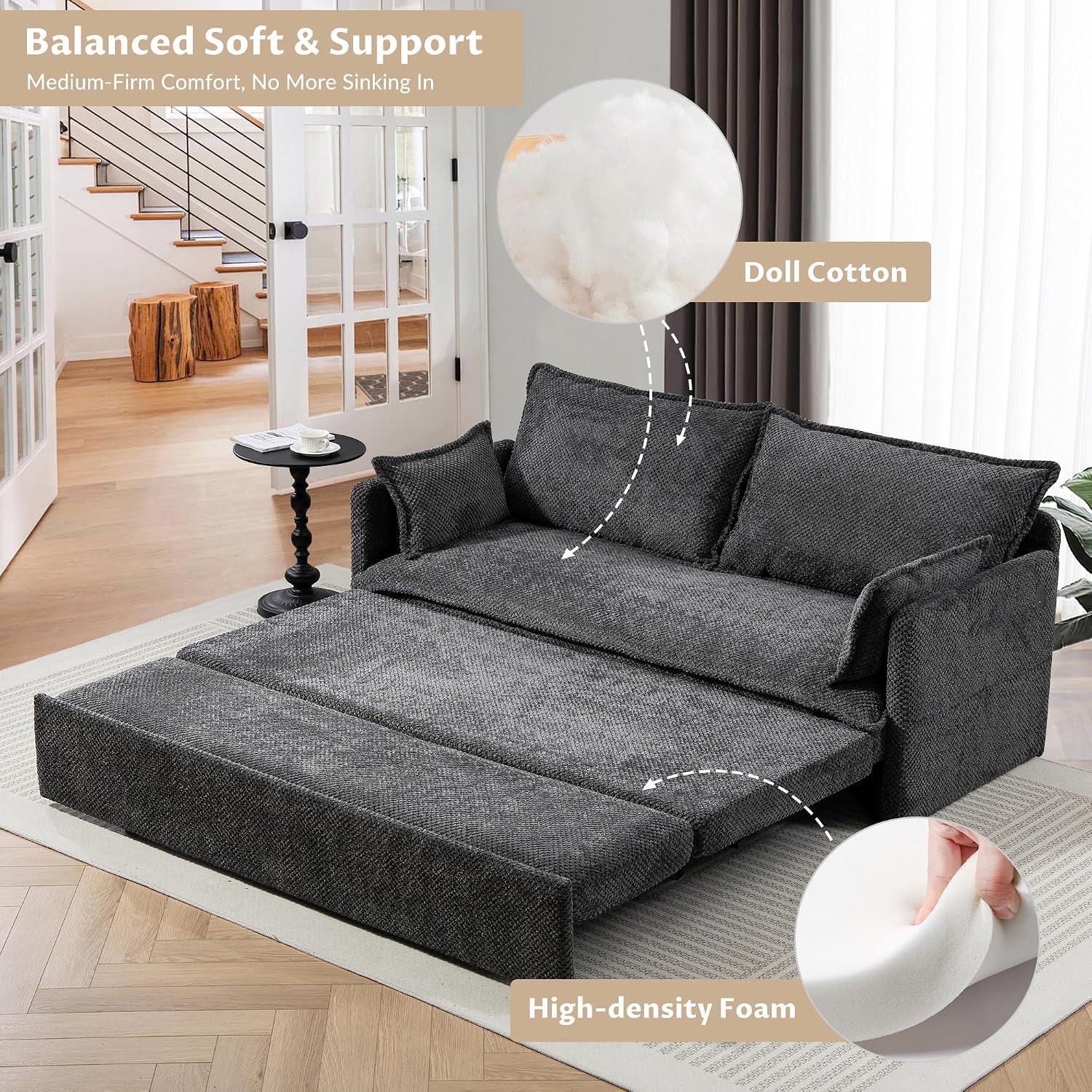 SUNWAVE 60' Queen Pull Out Sofa Bed - Convertible Sleeper Sofa Bed, Corduroy Loveseat Pull Out Couch with USB Charging, Side Pockets for Living Room, Bedroom, Small Spaces(Charcoal, 60')