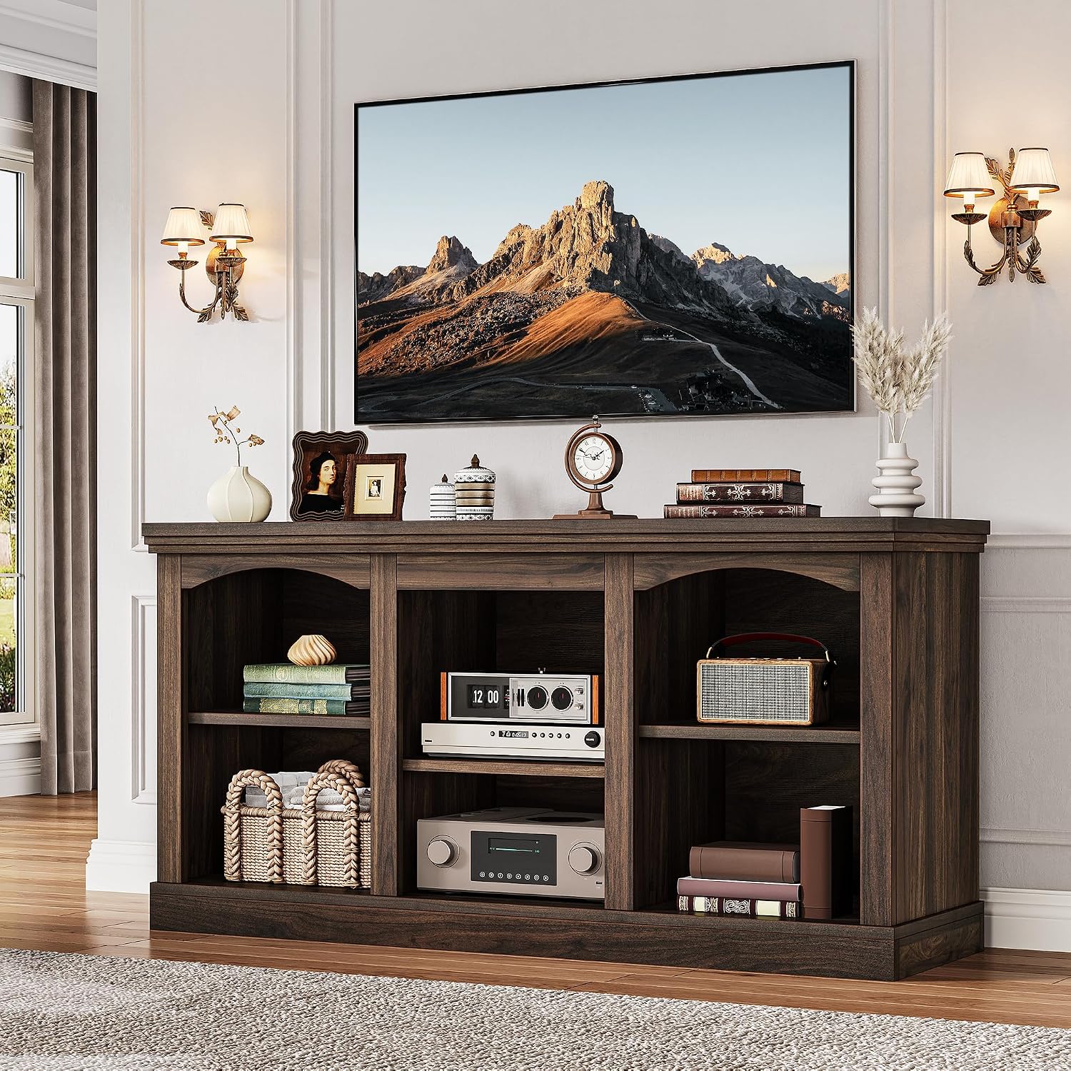 YITAHOME Farmhouse TV Stand for 65 Inch TV, Entertainment Center with Adjustable Shelf, Large TV Console Table for Living Room (Walnut)