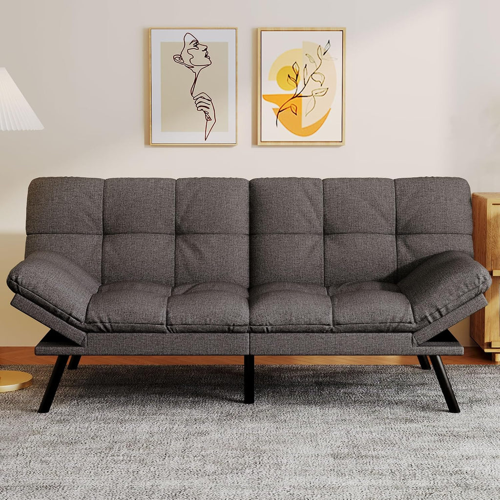 Convertible Futon Sofa Bed,Linen Futon Couch with Detachable Cushion,Adjustable Backrest & Armrest,Modern Small Loveseat Sleeper Recliner for Living Room,Office,Apartment,Dark Grey