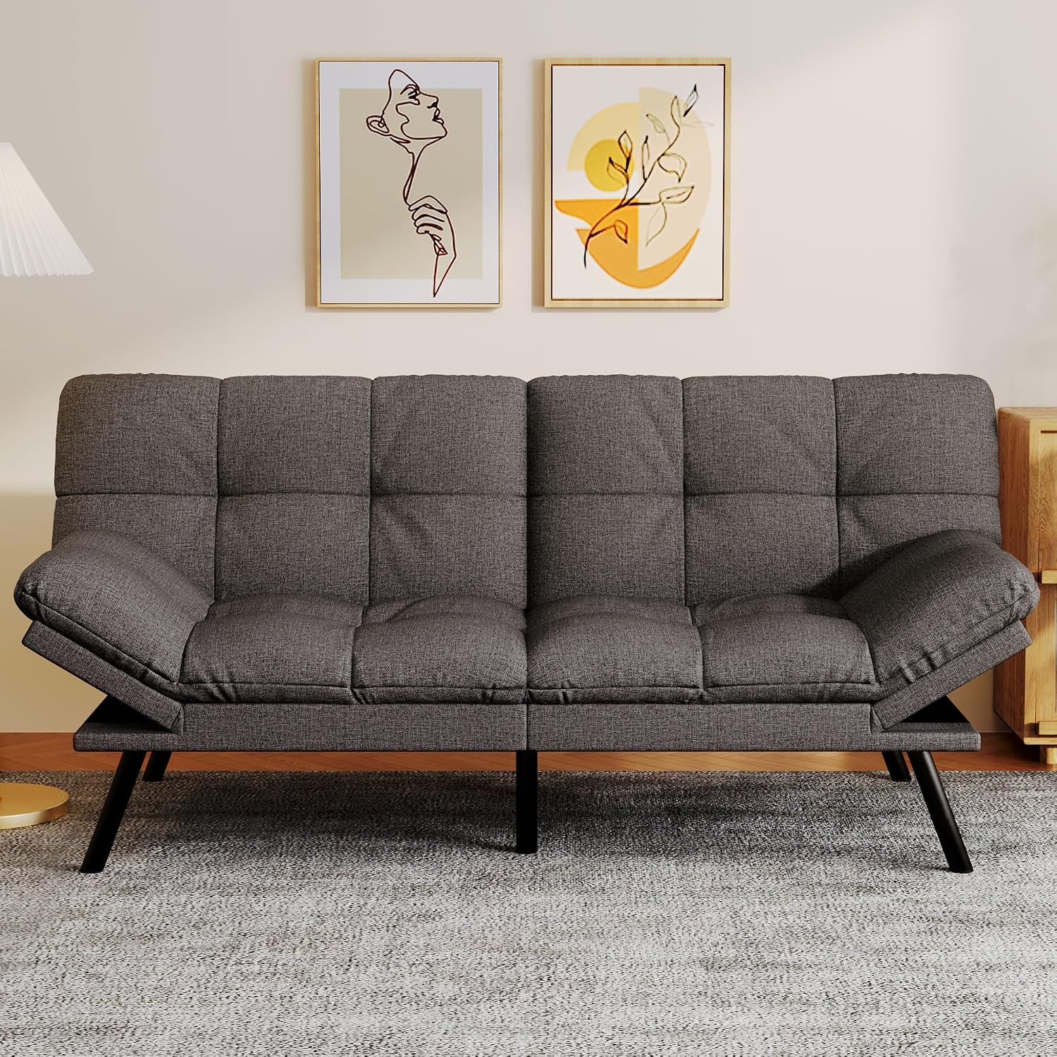 Convertible Futon Sofa Bed,Linen Futon Couch with Detachable Cushion,Adjustable Backrest & Armrest,Modern Small Loveseat Sleeper Recliner for Living Room,Office,Apartment,Dark Grey