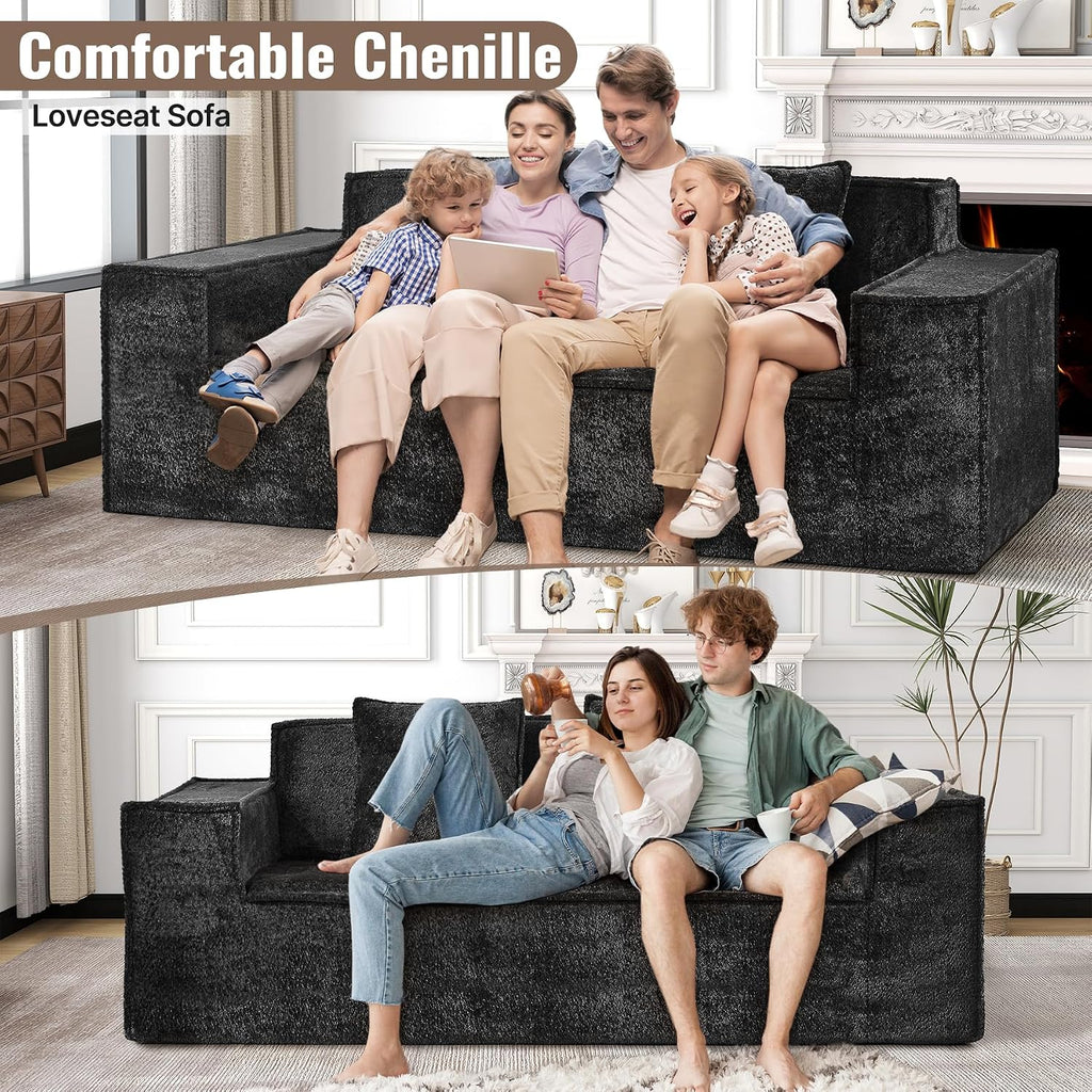 77'' Modern Cloud Loveseat Sofa in Chenille, Deep Seat Boneless Couches Includes 2 pcs Pillows for Living Room, Bedroom, Apartment(Black)