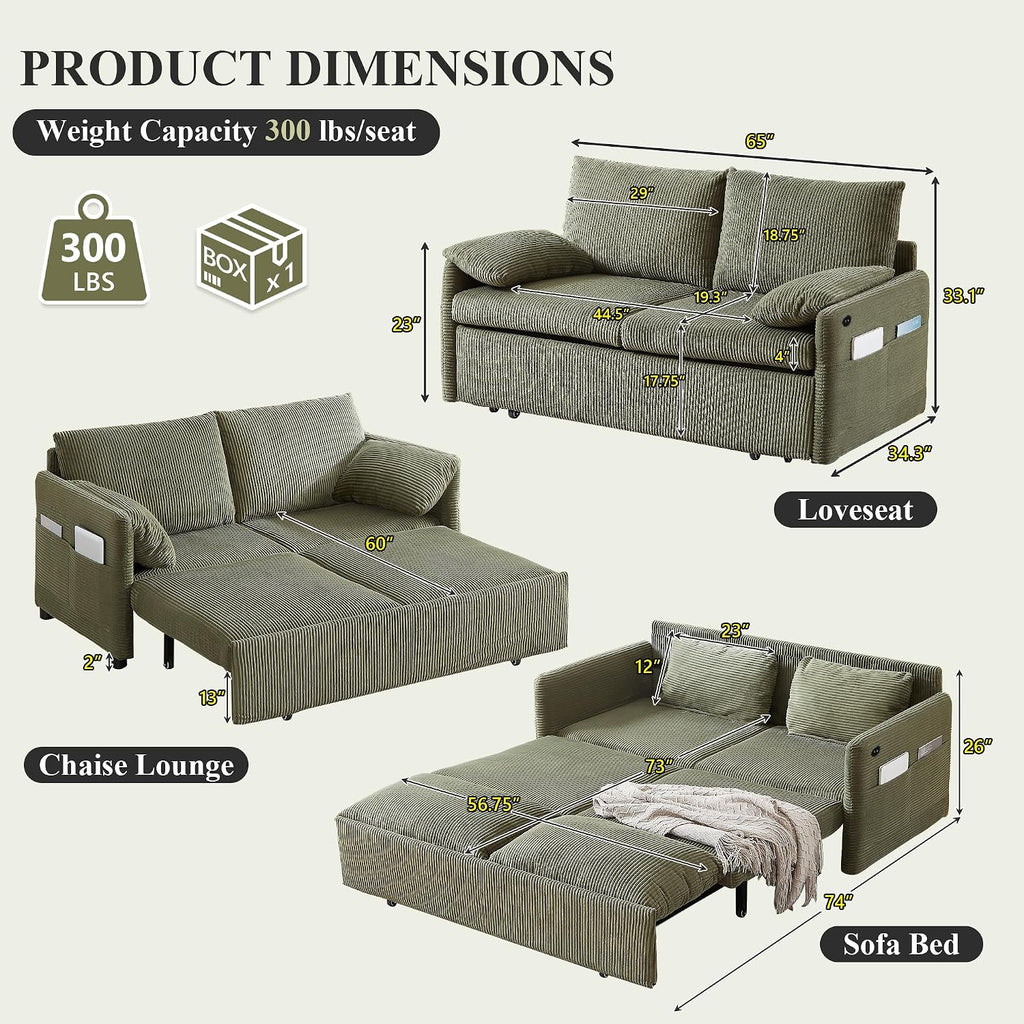 CAPCAEK Queen Size Pull Out Couch, Sleeper Sofa Bed Queen with USB, Storage Pockets & Pillows, 3-in-1 Modern Convertible Loveseat Couch Bed for Living Room Bedroom, Office, Apartment, Corduroy(Green)