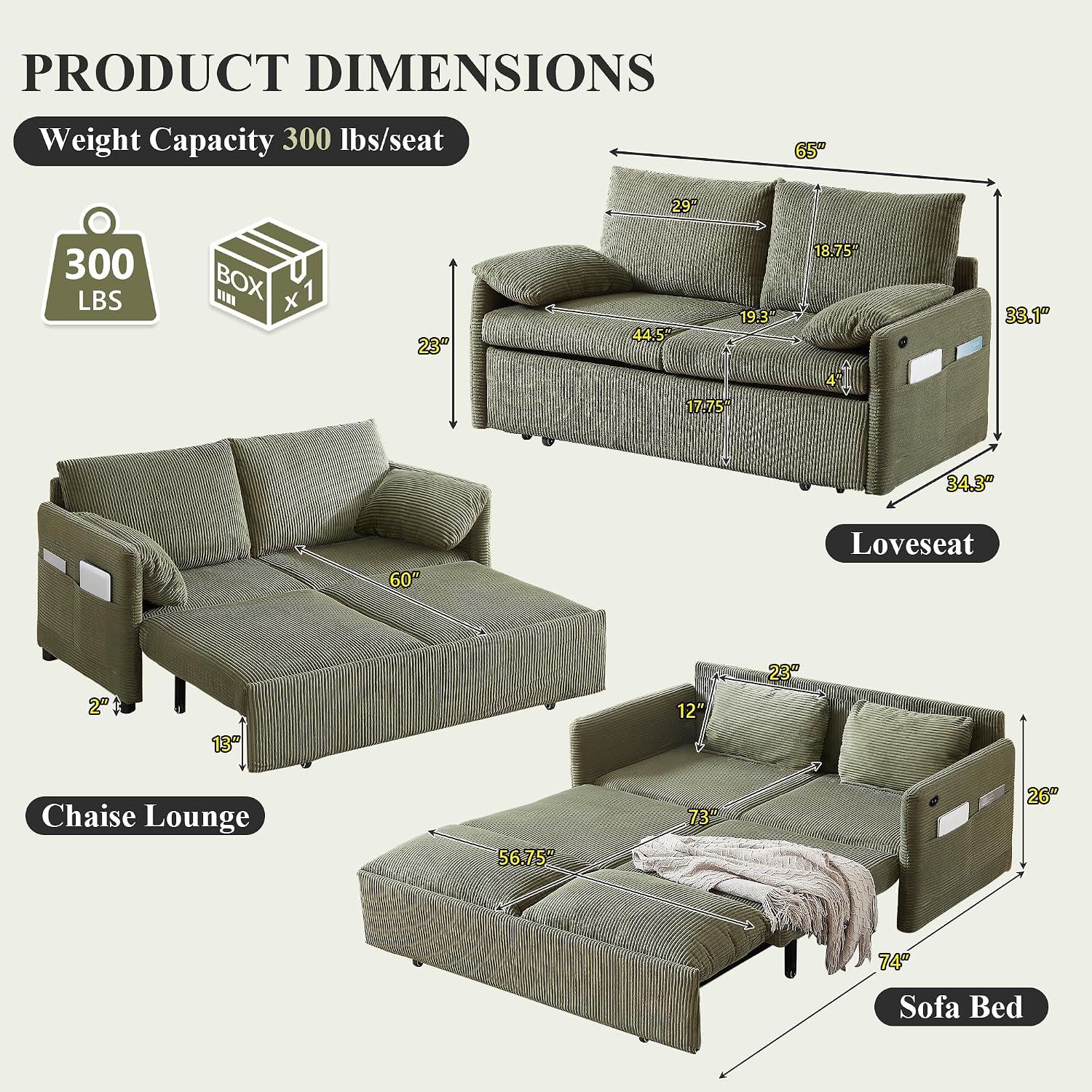 CAPCAEK Queen Size Pull Out Couch, Sleeper Sofa Bed Queen with USB, Storage Pockets & Pillows, 3-in-1 Modern Convertible Loveseat Couch Bed for Living Room Bedroom, Office, Apartment, Corduroy(Green)